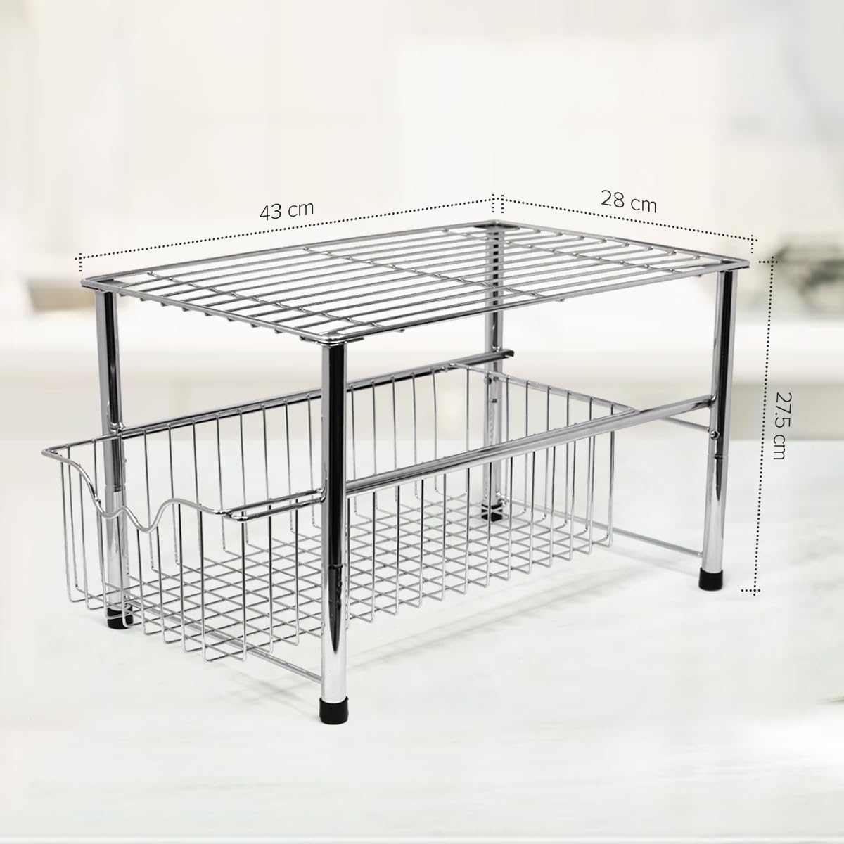 Joeji's Under Sink Organizer - Multi-Purpose Kitchen Cabinet Storage Basket, Iron Chrome Drawer Organizer for Bathroom & Kitchen (Perfect for Sponges, Soaps & Cleaning Supplies)