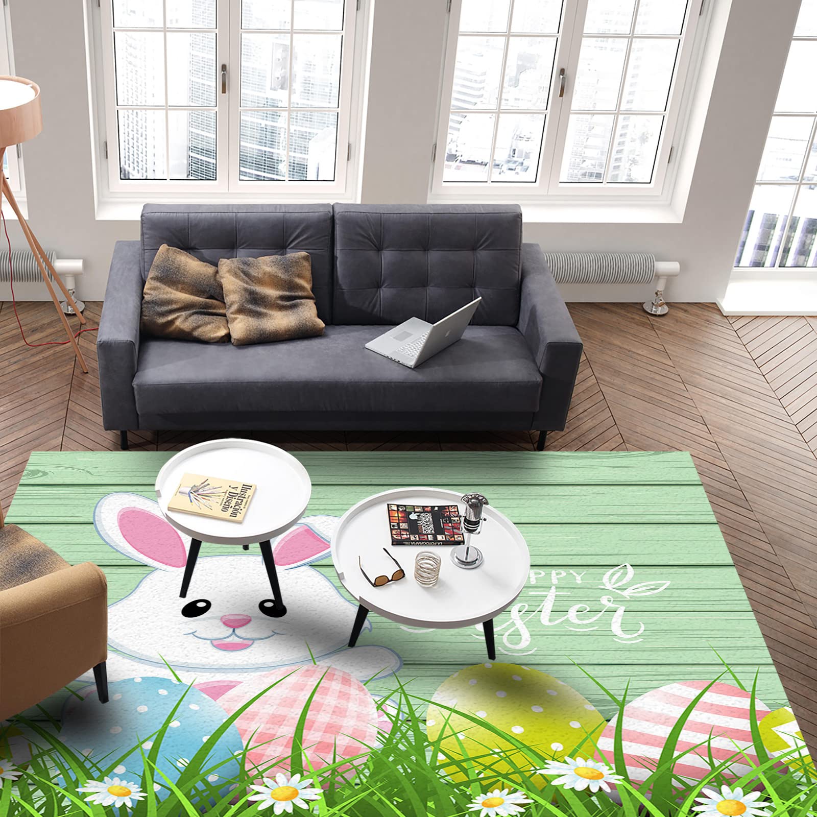 Non-Shedding Thick Rug Pad - 60x96 Inch Home Carpet Protector for Wood Floors | Non-Slip Area Rug Underlay with Floral Green Easter Bunny Egg Design | Perfect for Living Room, Bedroom & Kitchen Decor