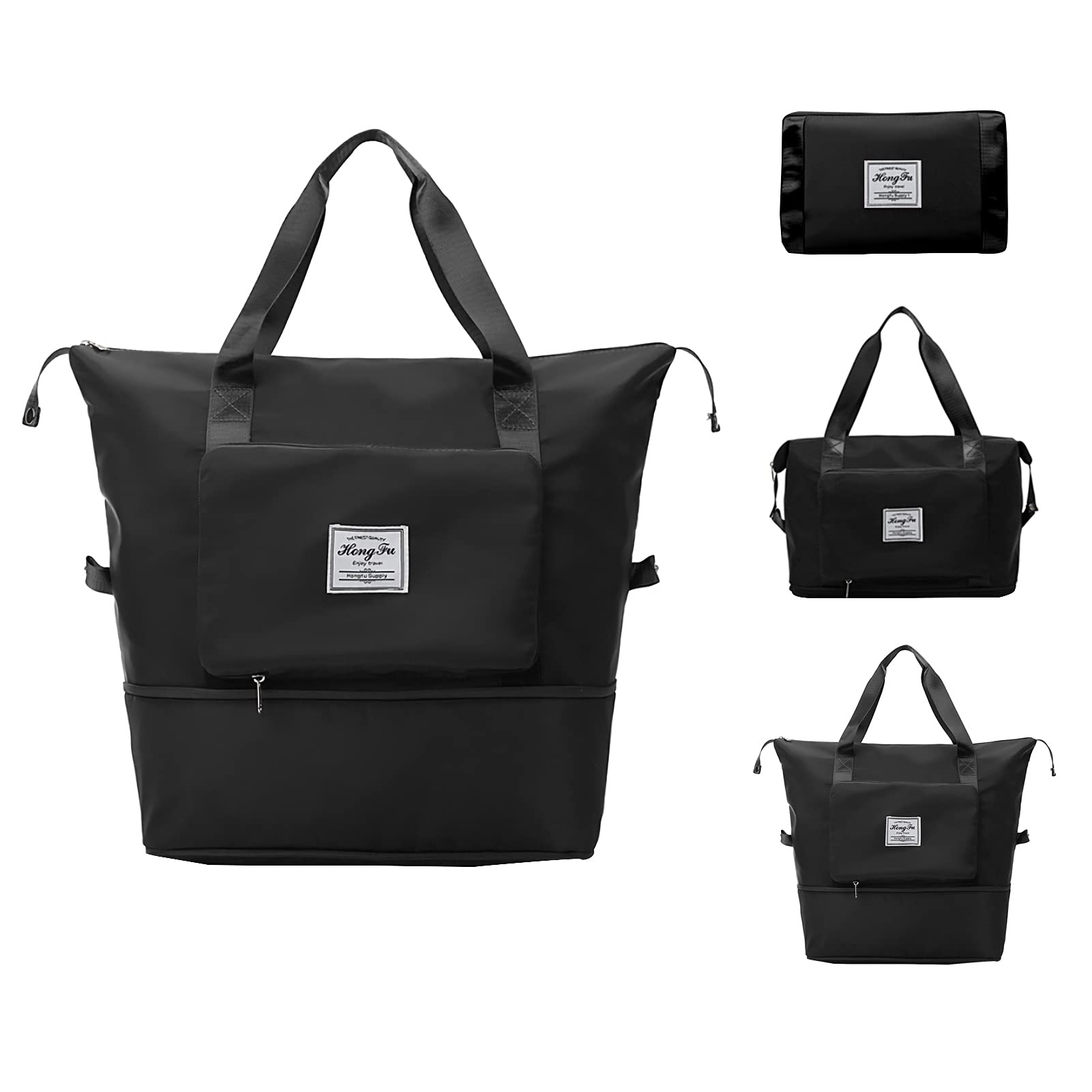 Large-Capacity Foldable Waterproof Travel Bag for Women - Expandable Carry-On Weekender Duffel, Lightweight Gym Tote with Dry/Wet Separation - Perfect for Sports, Gym, Vacation & Business Trips (Black)