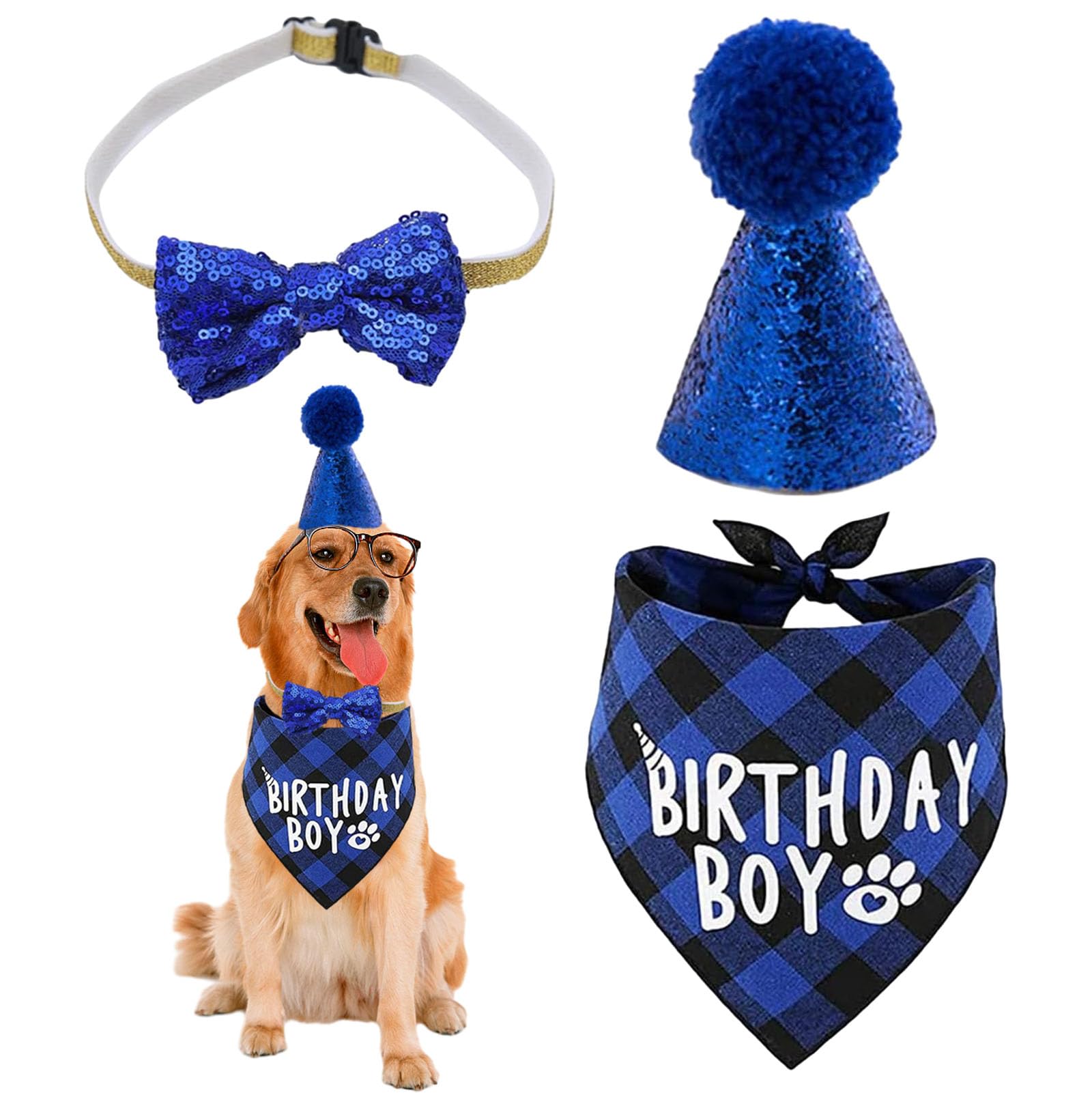3pcs Dog Birthday Bandana, Bow Tie & Hat Set - Plaid Pet Party Outfit for Dogs & Cats - Reusable Birthday Party Supplies for Puppy & Kitten Celebrations (Perfect for Birthday Photos, Pet Costume Parties & Holiday Dress-Up)