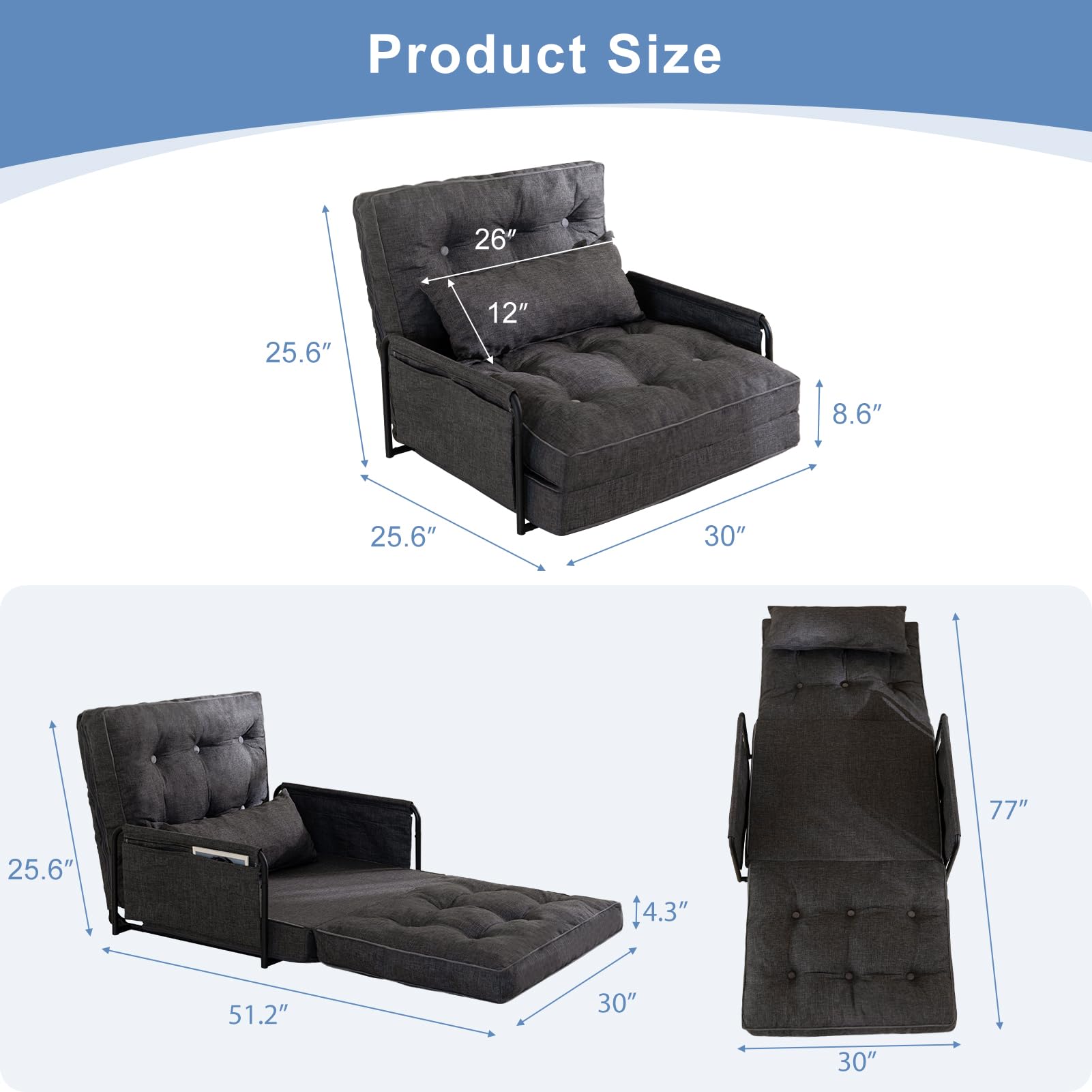 MAXYOYO Adjustable Floor Sofa Bed - Convertible Folding Couch with Removable Pillows, Single Size Grey - Perfect for Small Spaces, Guest Rooms & Cozy Living Room Lounging
