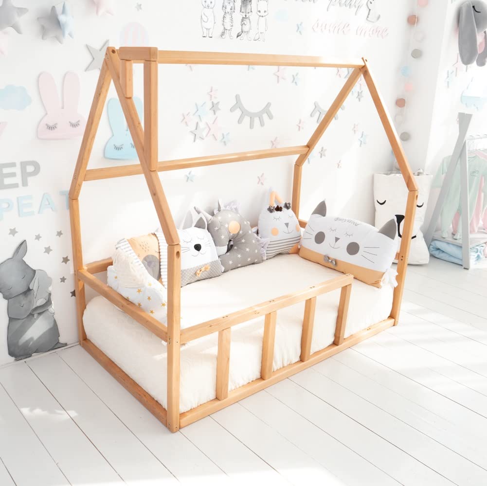 BUSYWOOD Montessori Toddler Floor Bed - Twin, Full, Queen & King Size Wooden Kids Bed with Safety Rails - Sweet House Design for Children's Bedroom Furniture - Perfect for Montessori Rooms, Daycare Centers & Cozy Home Decor (Model 1 Mini)