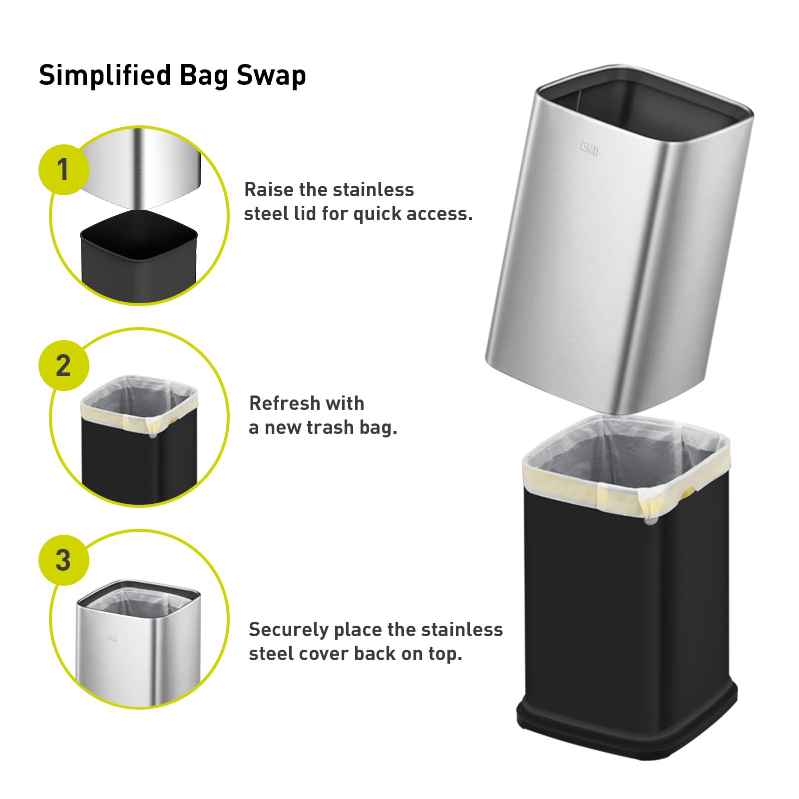 EKO 2-Pack Stainless Steel Open Top Trash Can with Removable Inner Basket - 1.8 & 3.2 Gallon Square Small Garbage Bin Combo for Kitchen, Bathroom, Office & Home Use - Perfect for Waste Disposal & Recycling Organization