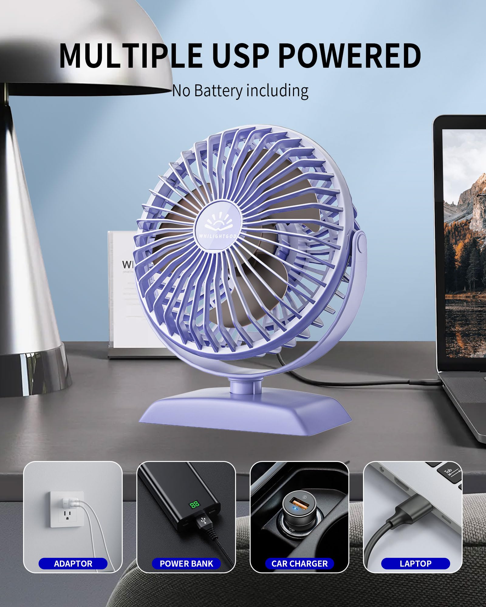 USB Desk Fan - Powerful Mini Personal Fan with 3 Speed Settings, 360° Rotation & Ultra Quiet Operation | Portable USB-Powered Table Fan for Home, Office, Bedroom, Desktop & Travel Use | Perfect for Workstations, Dorm Rooms & Summer Cooling (Purple)