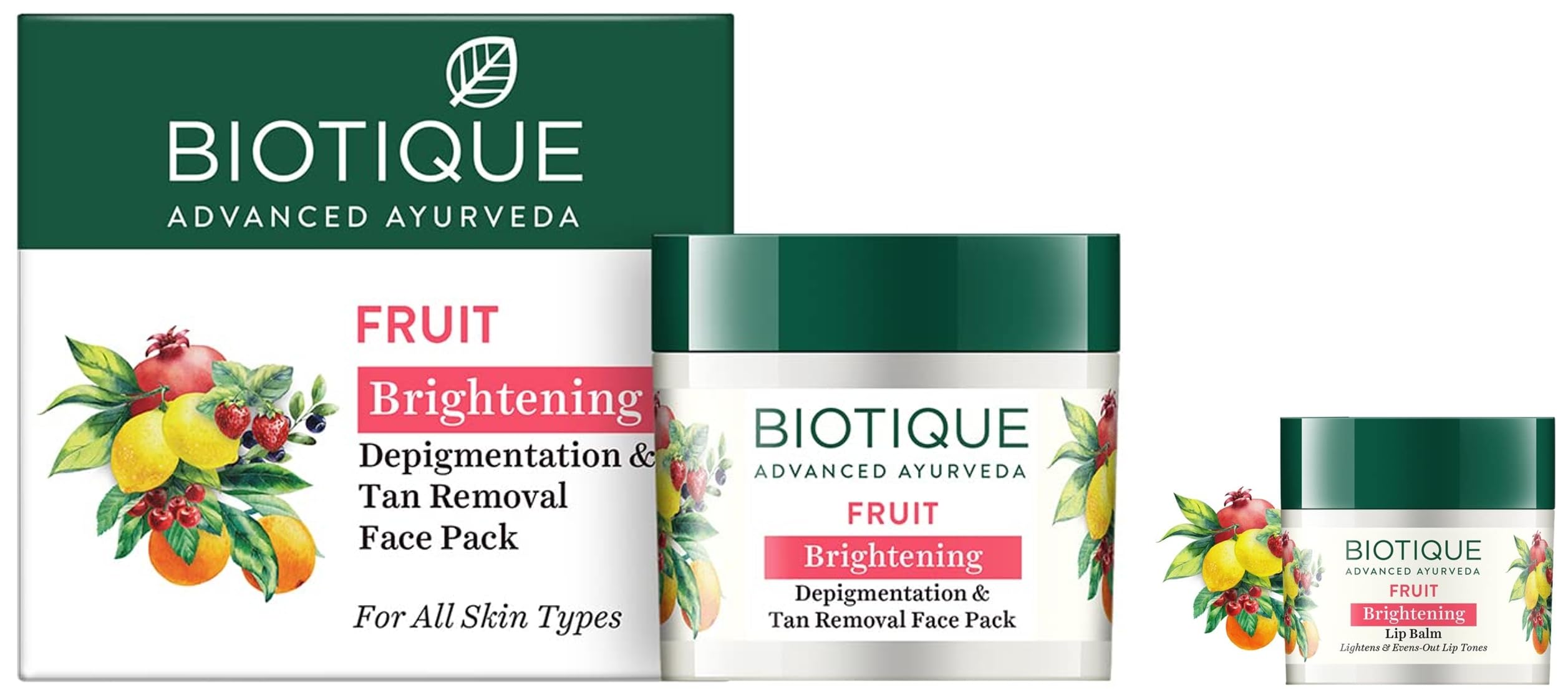 Biotique Bio Fruit Whitening Lip Balm 12g & Face Pack 75g - Natural Lip Care & Skin Brightening for Glowing Complexion | Perfect for Daily Beauty Routine & Special Occasions