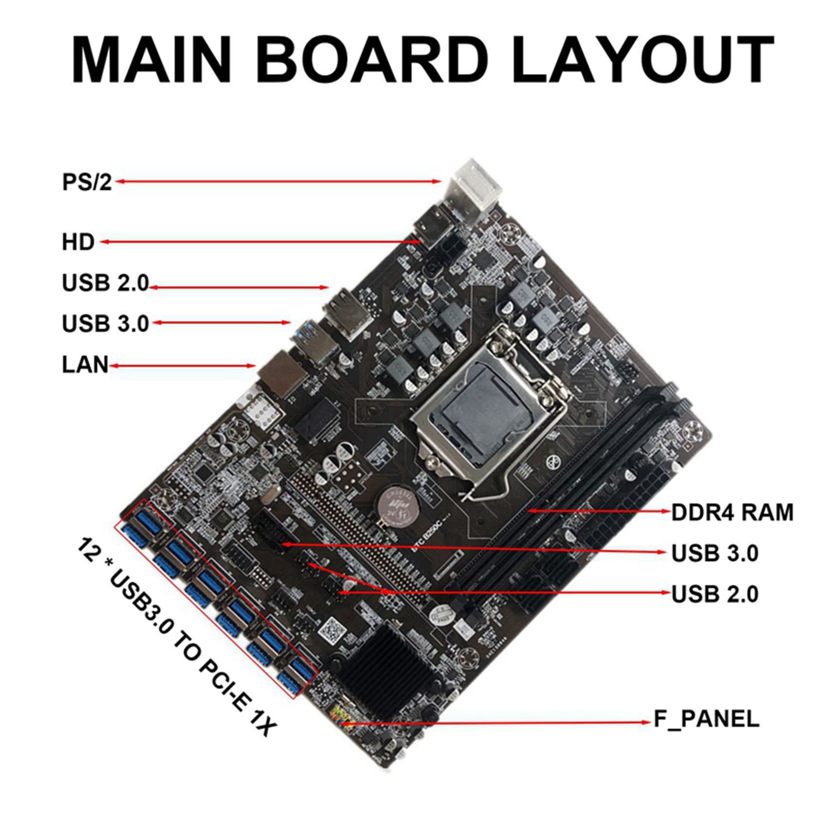 BEEOFICEPENG B250C Mining Motherboard - 12 GPU PCIE Slots, 4PIN to Cable & Switch Cable Included - Perfect for Cryptocurrency Mining & GPU Rig Setup