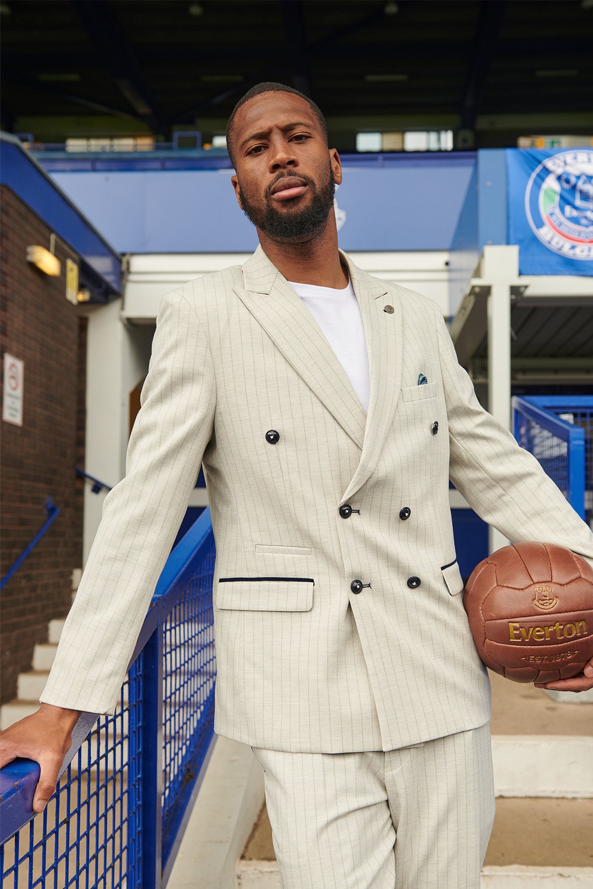 Everton FC Beto Grant Stone Pinstripe Double Breasted Suit for Men | Premium Wool Business Attire | Perfect for Weddings, Office Meetings & Formal Events