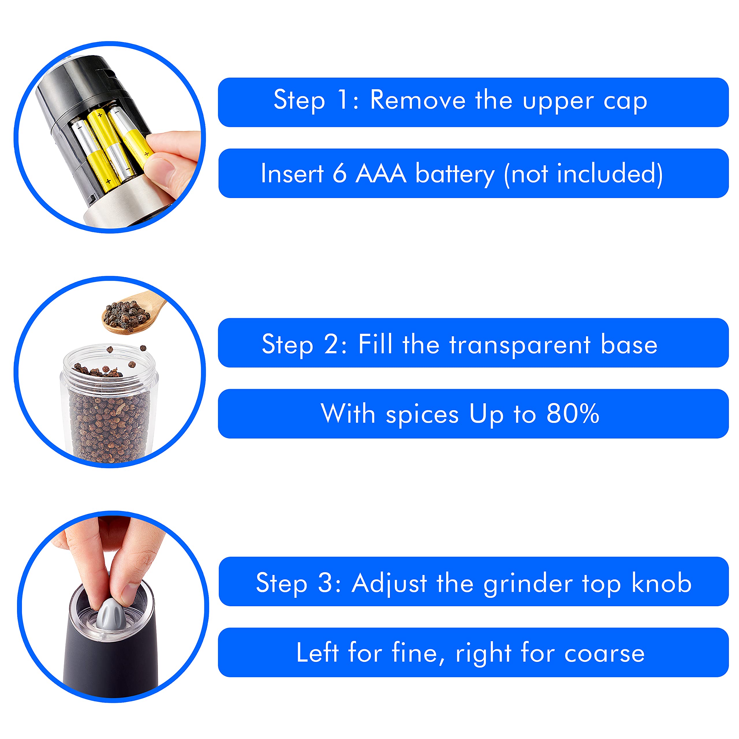 Premium Gravity Electric Salt and Pepper Grinder Set with Blue LED Light - One-Hand Operation, Battery-Powered Automatic Mill with Adjustable Coarseness - Includes Spoon & Cleaning Brush (Black) - Perfect for Kitchen, Dining Table, Camping & Gifts