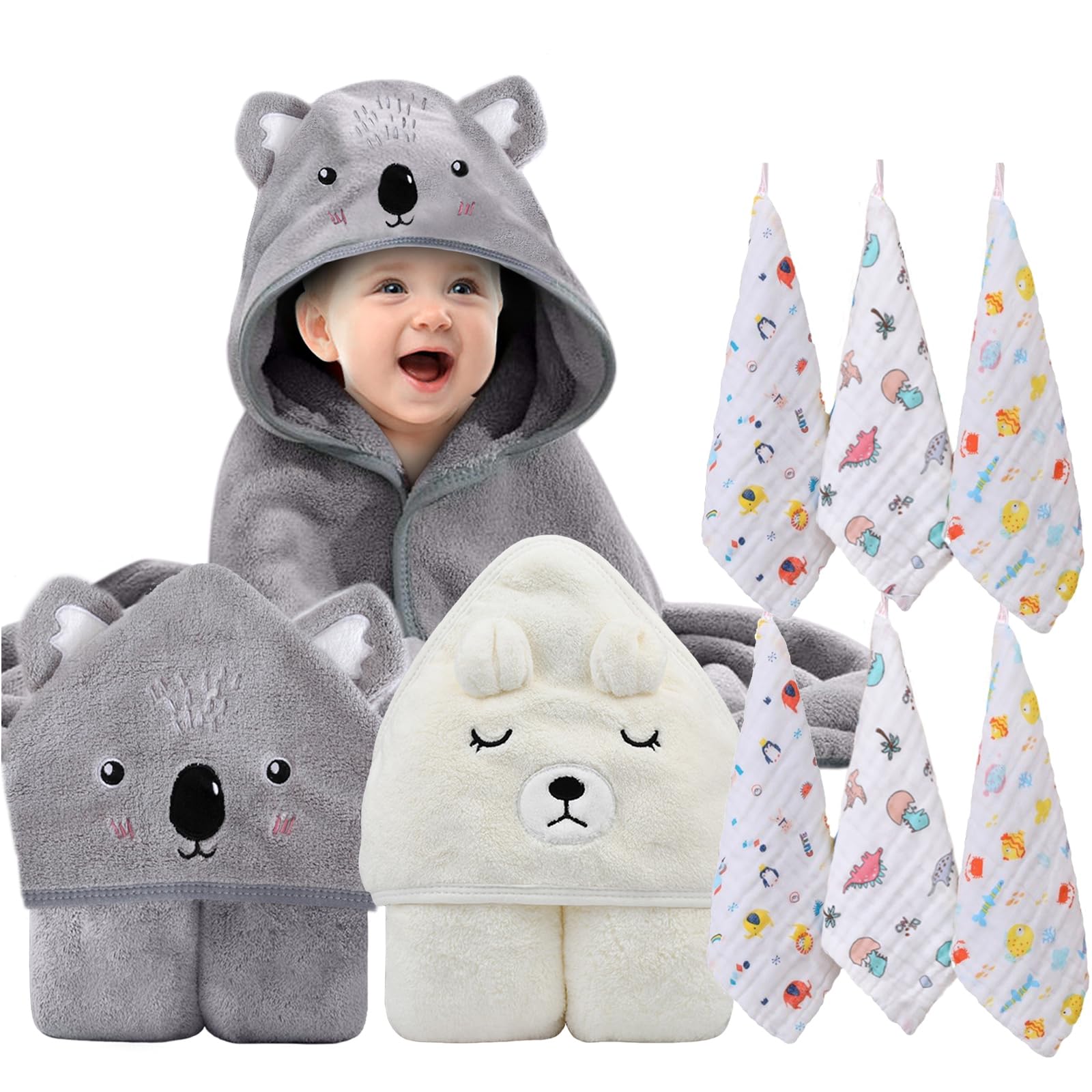 Soft Hooded Baby Towel Set - 8-Piece Muslin Bath Towels & Washcloths for Newborns, Infants, Boys & Girls (White & Grey) - Perfect for Bath Time, Swimming & Spa Days