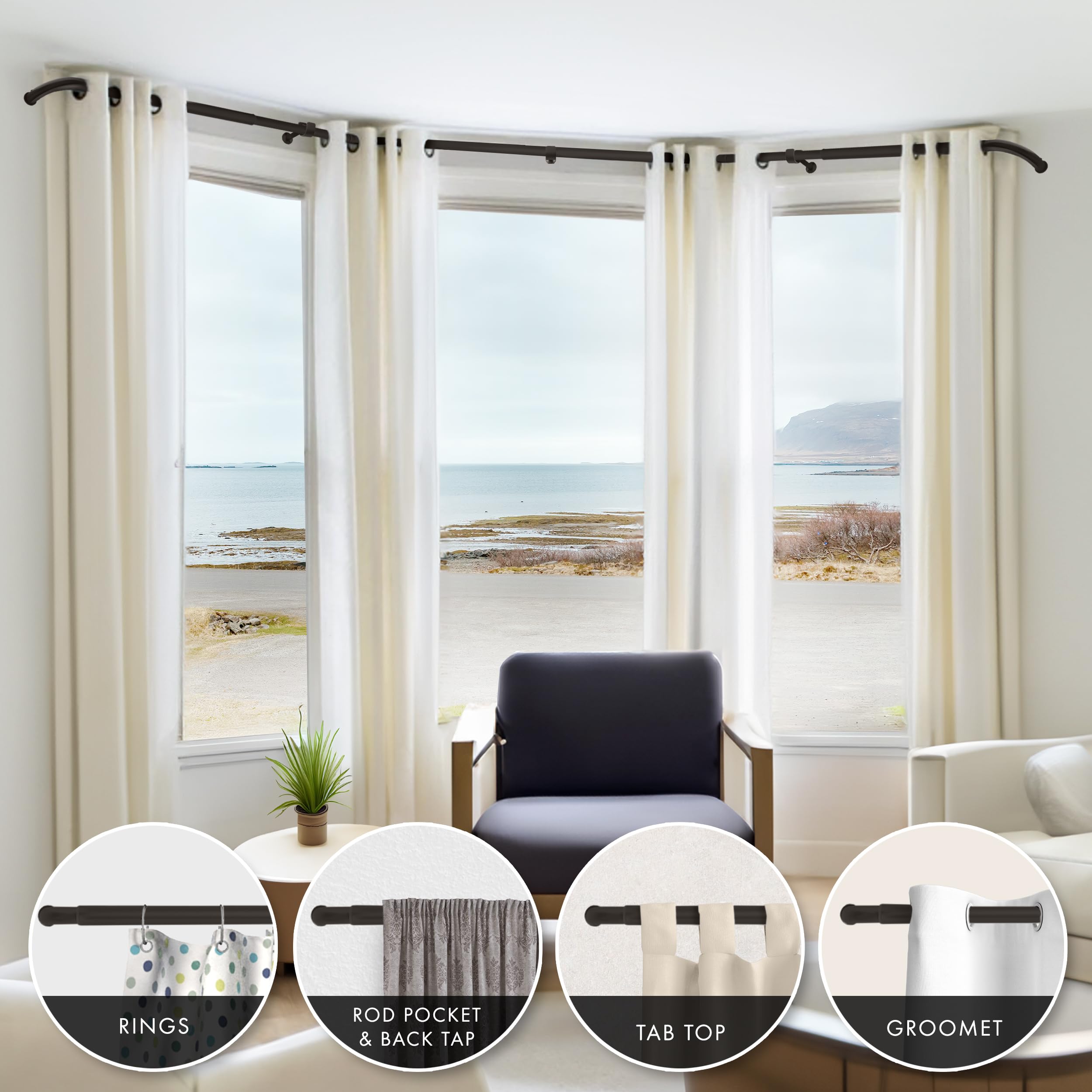 Meriville 1-Inch Diameter Bay Window Curtain Rod Set - Oil-Rubbed Bronze Finish for Bayview Windows, Perfect for Living Room, Bedroom, and Kitchen Decor