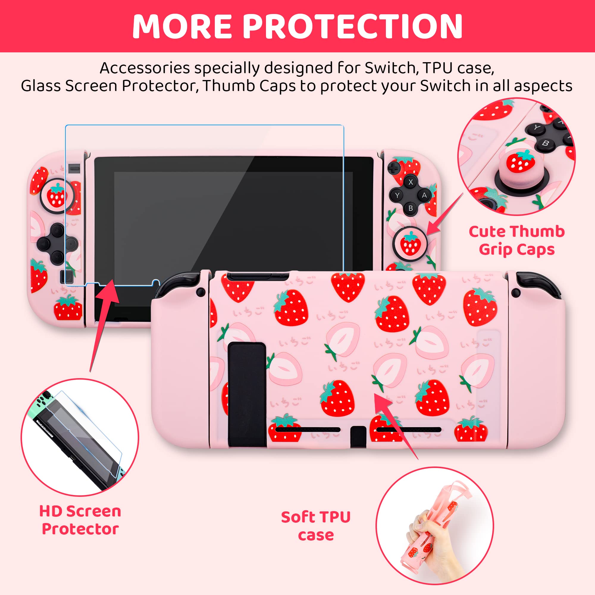 GLDRAM Pink Strawberry Nintendo Switch Carrying Case Bundle - Soft TPU Cover, Game Case, Tempered Glass Screen Protector, Thumb Grip Caps & Adjustable Shoulder Strap - Perfect Travel Accessories for Girls & Women | Portable Protection for Gaming on the Go, Commuting & Travel