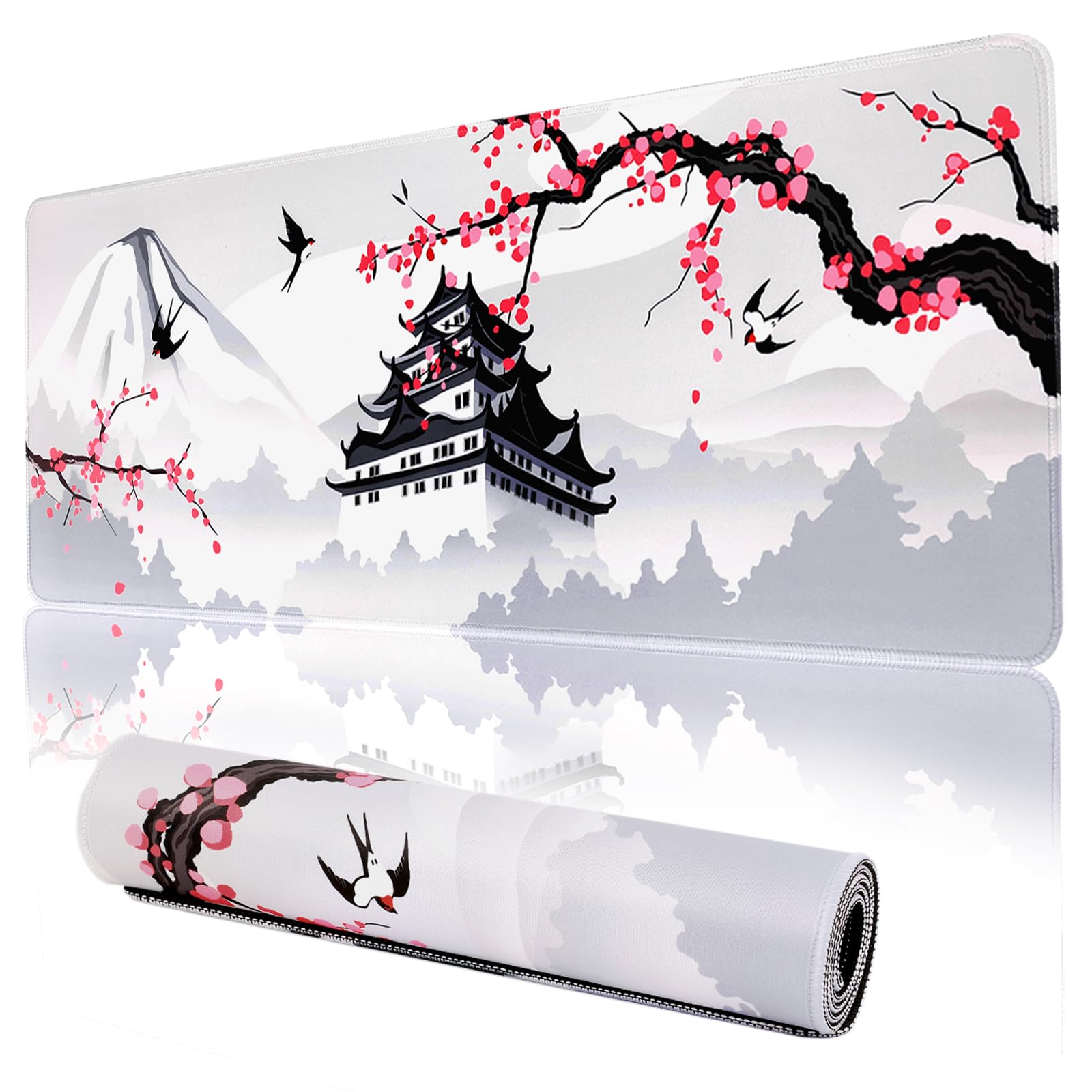 Japanese Cherry Blossom Gaming Mouse Pad - 31.5x11.8 Inch Large Pink Sakura Design, Non-Slip Rubber Base, Waterproof Surface with Stitched Edges - Perfect for Gaming, Office Work & Home Computer Setup