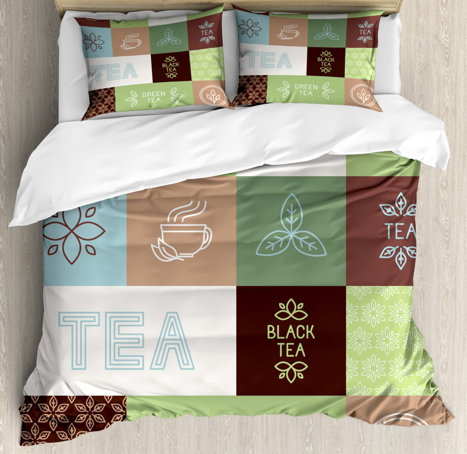 Ambesonne Tea Party Duvet Cover Set - King Size 2-Pack with 2 Duvet Covers & 4 Pillowcases | Checkered Tea Theme Geometric Pattern in Soft Green, Brown & Blue | Minimalist Bedding for Guest Rooms, Dorms & Cozy Bedroom Decor