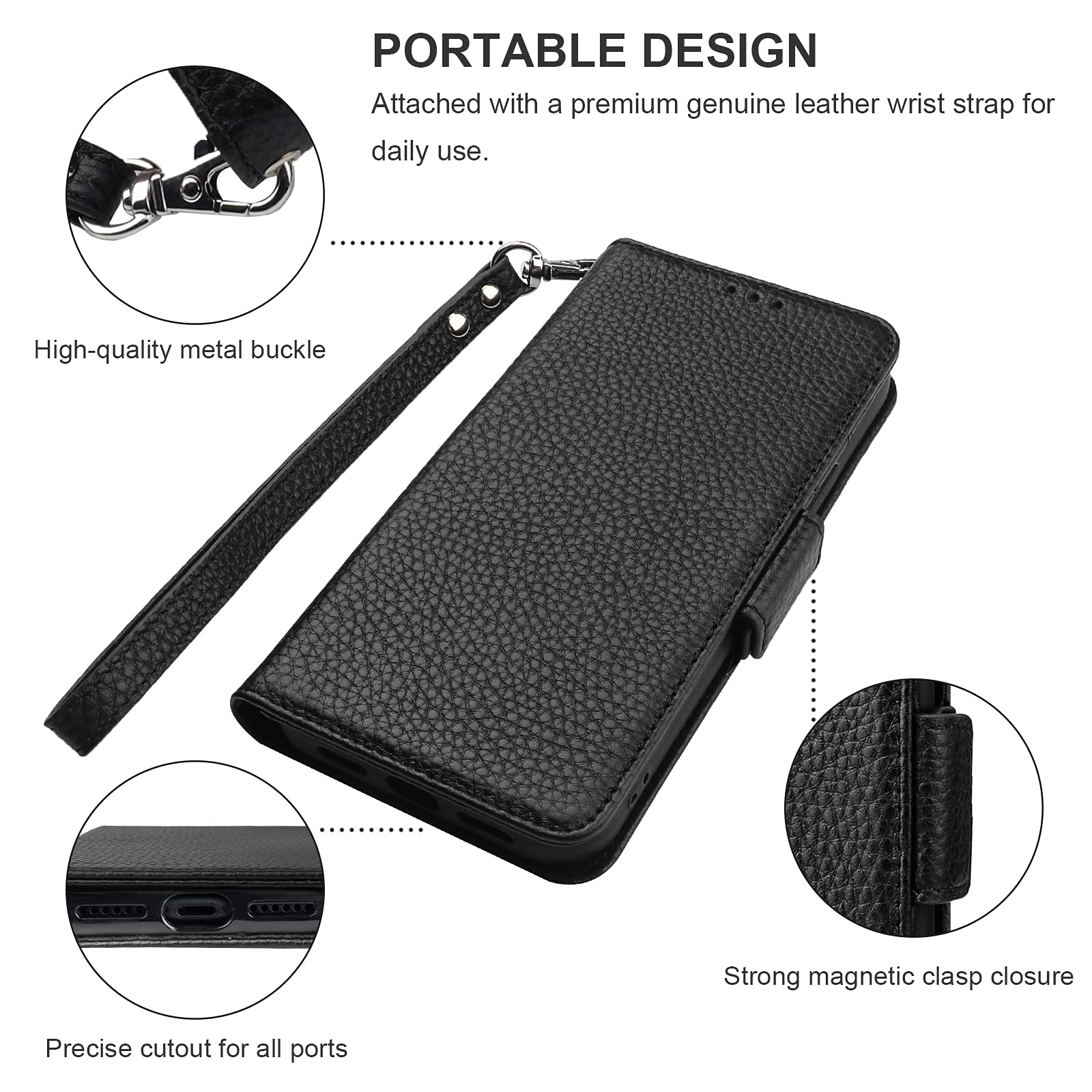 Genuine Leather iPhone 11 Wallet Case with Wireless Charging & RFID Blocking - Flip Folio Cover with Card Slots, Kickstand & Wrist Strap for 6.1