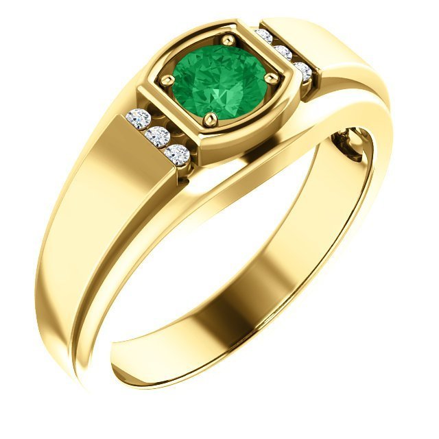14K Gold Men's Emerald and Diamond Ring - 0.42ct Emerald & 0.09ct Diamond Wedding Band for Engagement, Anniversary, and Special Occasions