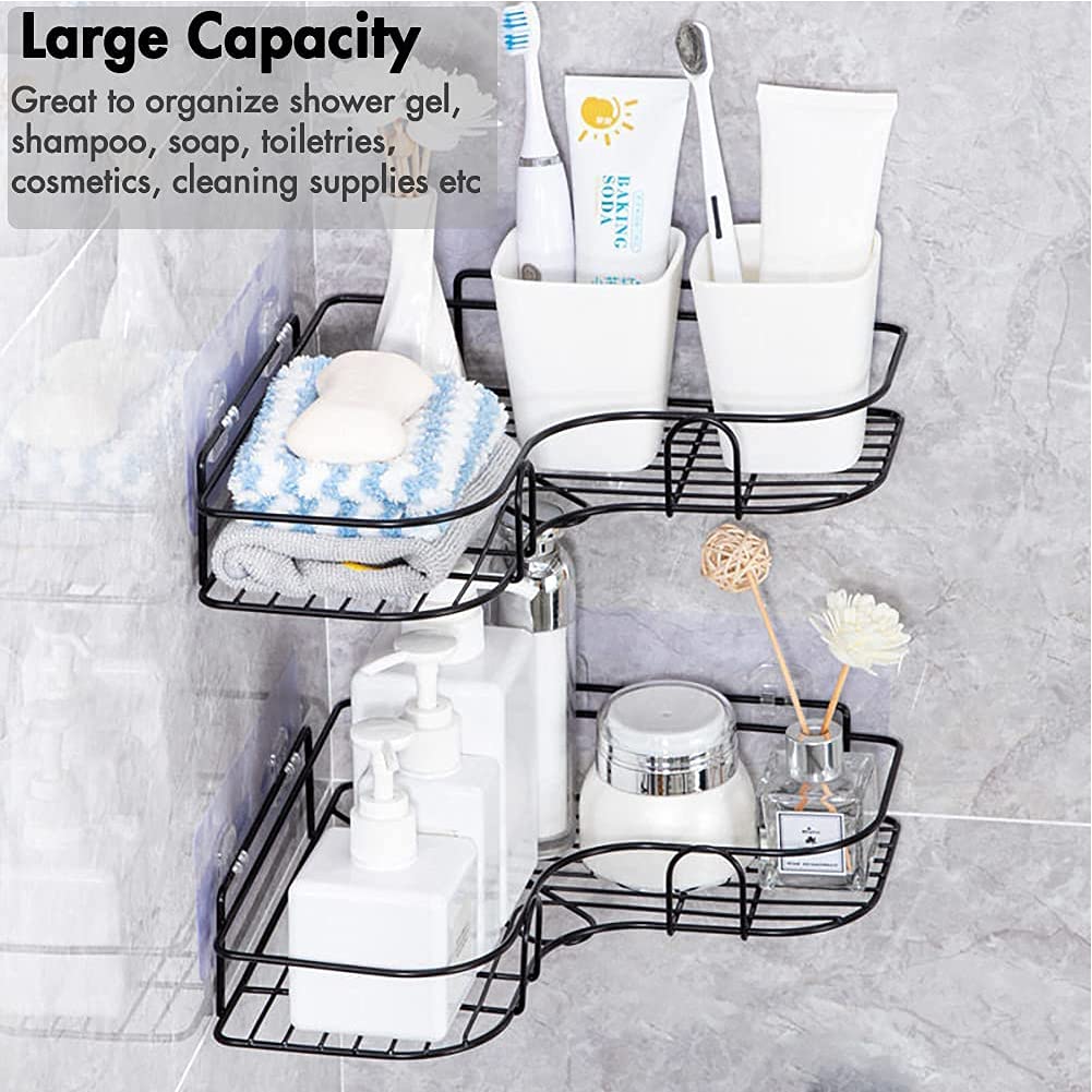 Stainless Steel Adhesive Shower Organizer - Drill-Free Bathroom Corner Shelf with Hooks, Rustproof & Waterproof Shower Caddy Basket for Shampoo & Toiletries - Perfect for Small Bathrooms, Apartments & Rented Spaces