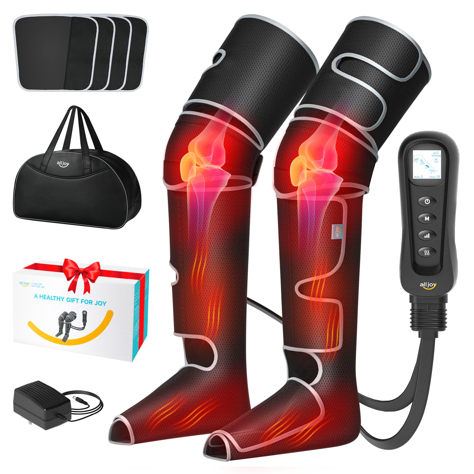 ALLJOY Leg Massager with Heat & Compression - 2 Heat Levels, 5 Massage Modes, 4 Intensity Levels - Improves Circulation & Relieves Leg Pain - FSA Eligible - Perfect Gift for Men, Women, Parents (Dad & Mom) - Includes 4 Extenders - Ideal for Home Use, Office Relaxation & Post-Workout Recovery