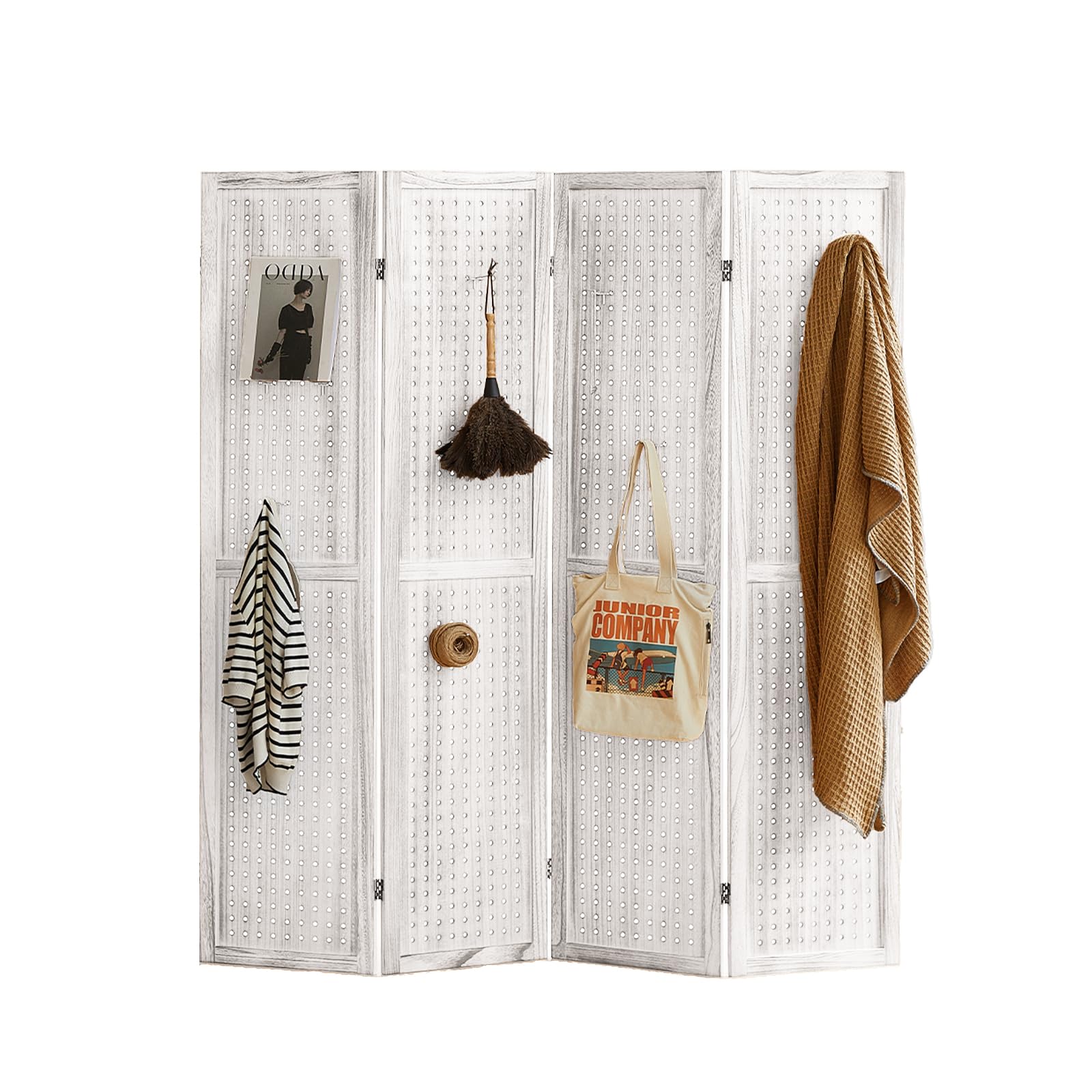 4 Panel Wooden Room Divider - 5.6Ft Folding Privacy Screen & Pegboard Display for Bedroom, Store, Jewelry Organizer | Portable Partition for Home Office, Retail Shop & Event Booth (White)