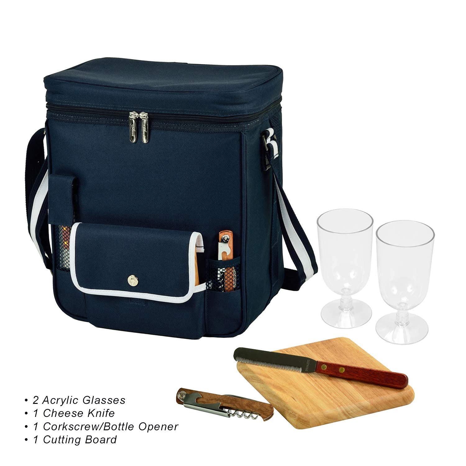 Premium Wine and Cheese Picnic Basket Set with Hardwood Cutting Board, Cheese Knife & Corkscrew - Navy Blue Cooler for Outdoor Picnics, Beach Trips and Romantic Dates