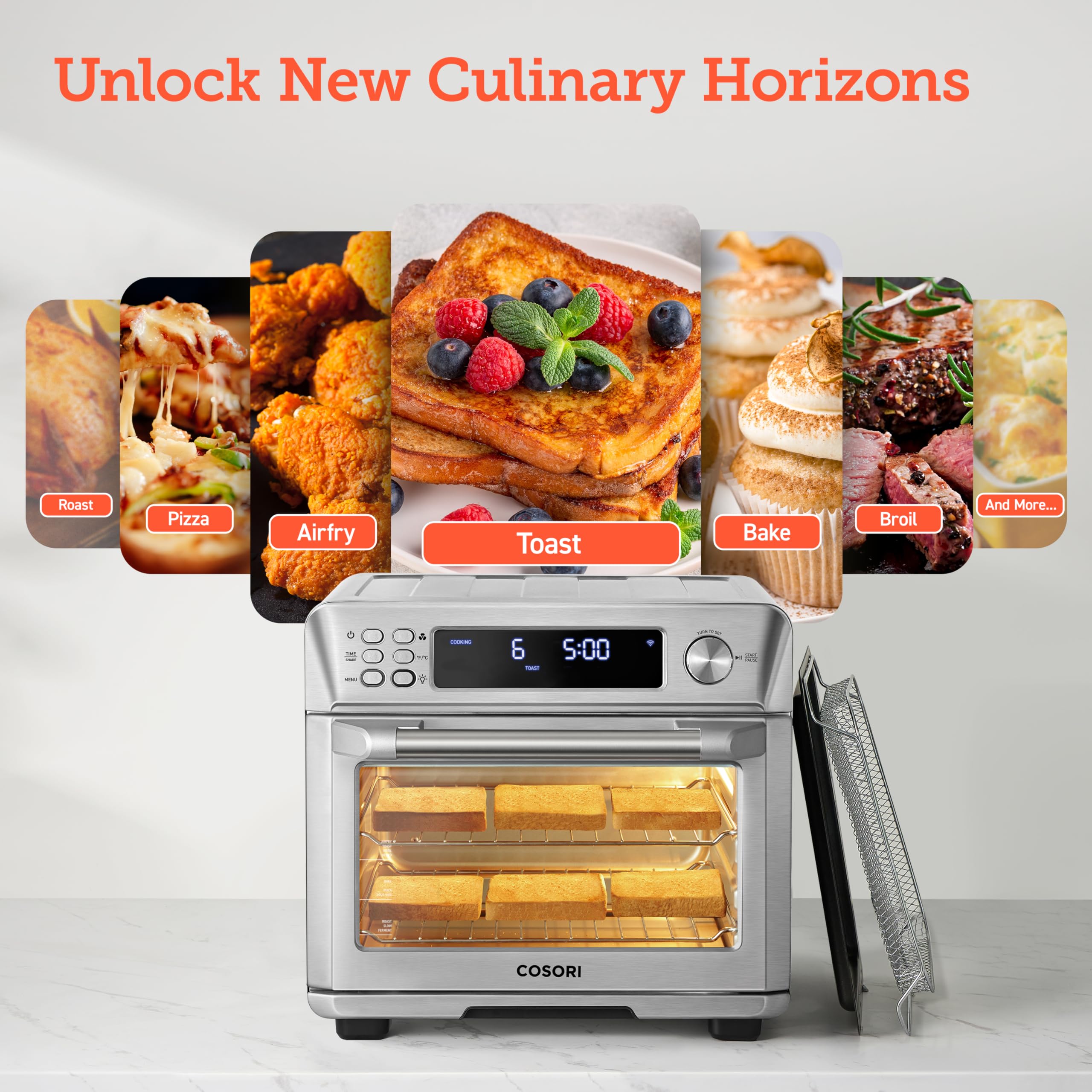 COSORI 26QT Smart Air Fryer Toaster Oven Combo - 12-in-1 Countertop Convection Oven with Sous Vide, Bake, Roast, Broil, Dehydrate & Reheat Functions - Includes 94 Recipes & 3 Accessories - Stainless Steel Silver - Perfect for Small Kitchens, Healthy Cooking & Meal Prep
