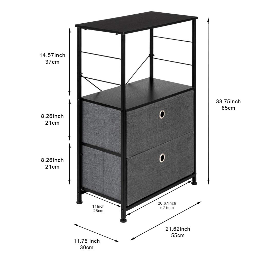 2-Drawer Nightstand with Shelf Storage - Modern Bedside Table for Bedroom, Office & Dorm | Steel Frame & Wood Top with Easy-Pull Fabric Bins | Space-Saving Home Decor for Small Spaces (Grey)