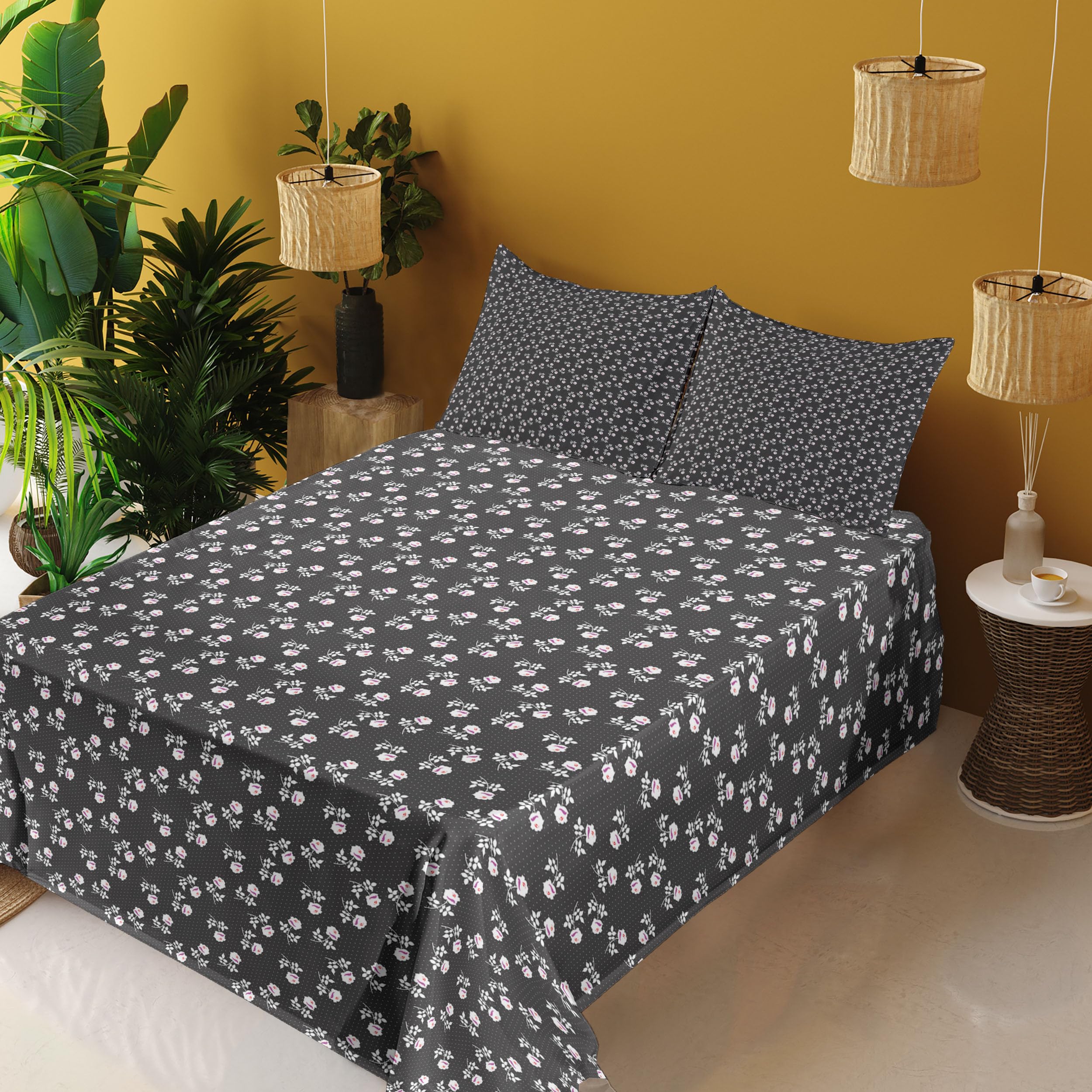 Ambesonne Floral King Sheet Set - 4 Piece Bedding with Flower Silhouettes & Mini Polka Dots Design, Includes Fitted Sheet, Flat Sheet & 2 Pillowcases, Dark Taupe Grey Fuchsia - Perfect for Master Bedroom, Guest Room & Cozy Home Decor