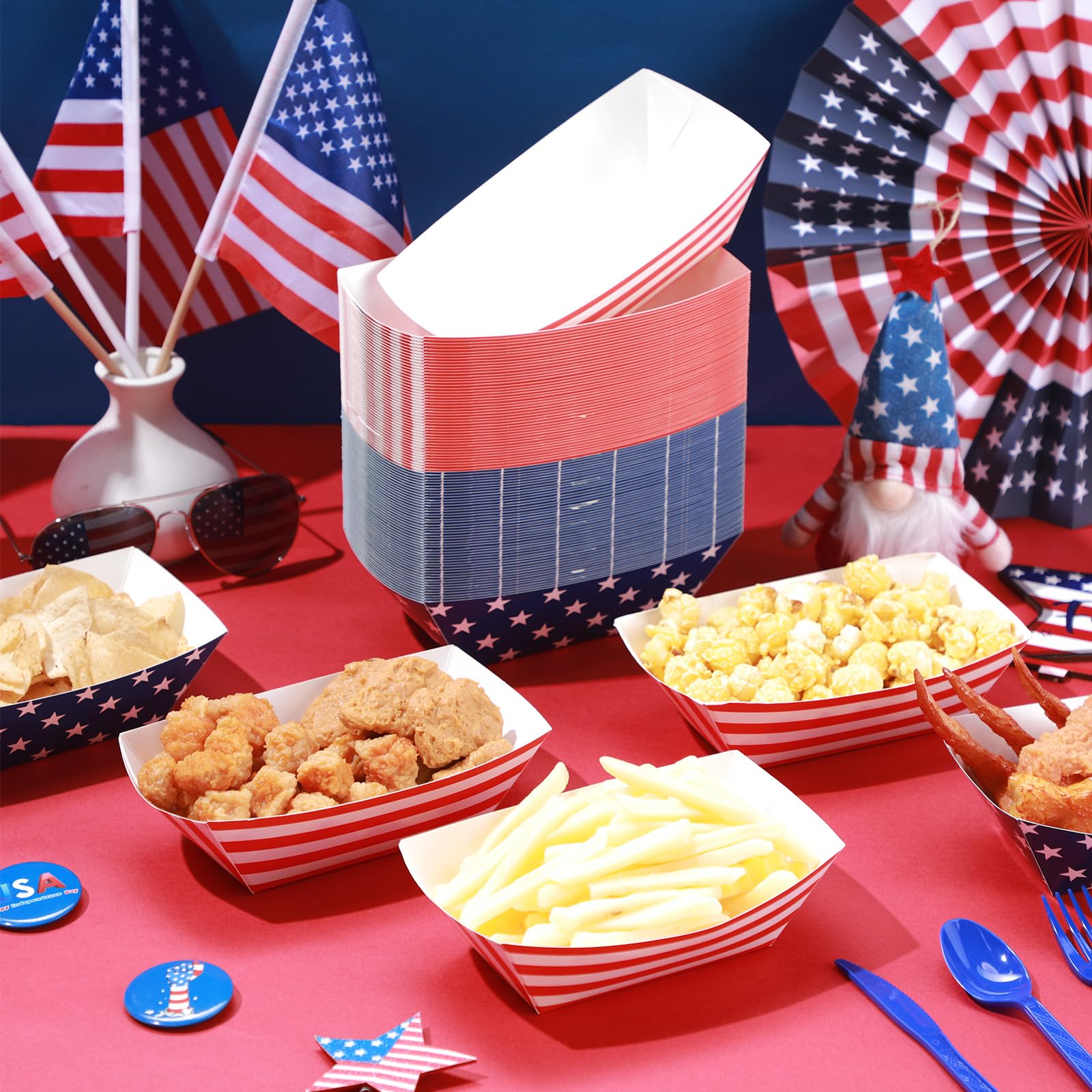 100 Pcs Patriotic Paper Serving Trays - American Flag Themed Food Boats (White, Blue, Red) for 4th of July, Labor Day & Veteran Day Parties - Perfect for BBQs, Picnics & Patriotic Events - Disposable Party Tableware for Festive Decorations