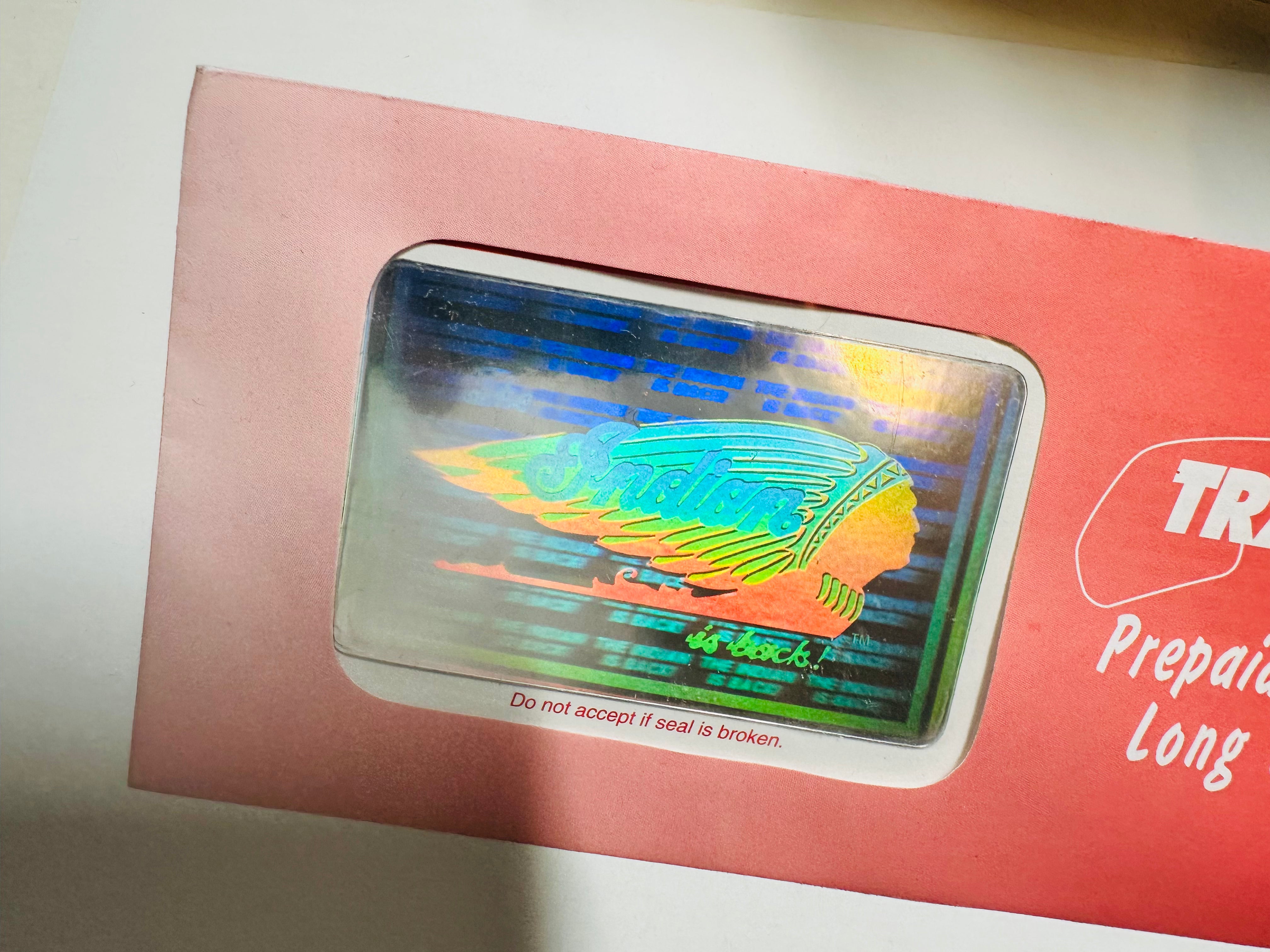 Vintage 1990s Indian Motorcycle Holographic Phone Card - Rare Factory Sealed Collectible for Motorcycle Enthusiasts & Nostalgic Gift Idea
