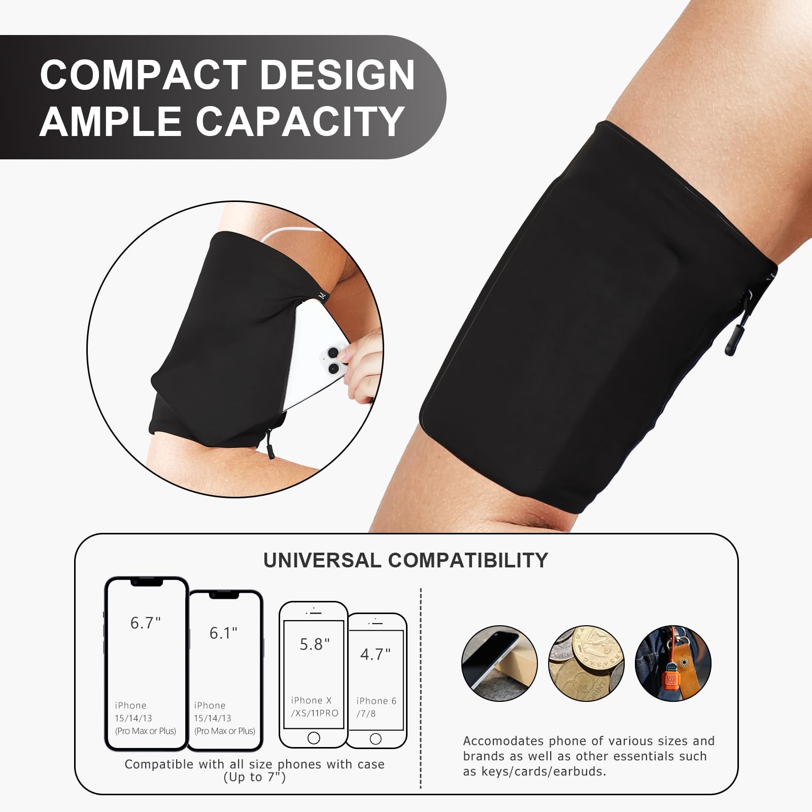 Lightweight Running Armband for Phones - Adjustable Fitness & Gym Workout Arm Holder for iPhone, Samsung & All Smartphones - Perfect for Jogging, Cycling & Outdoor Activities (Black, XL)