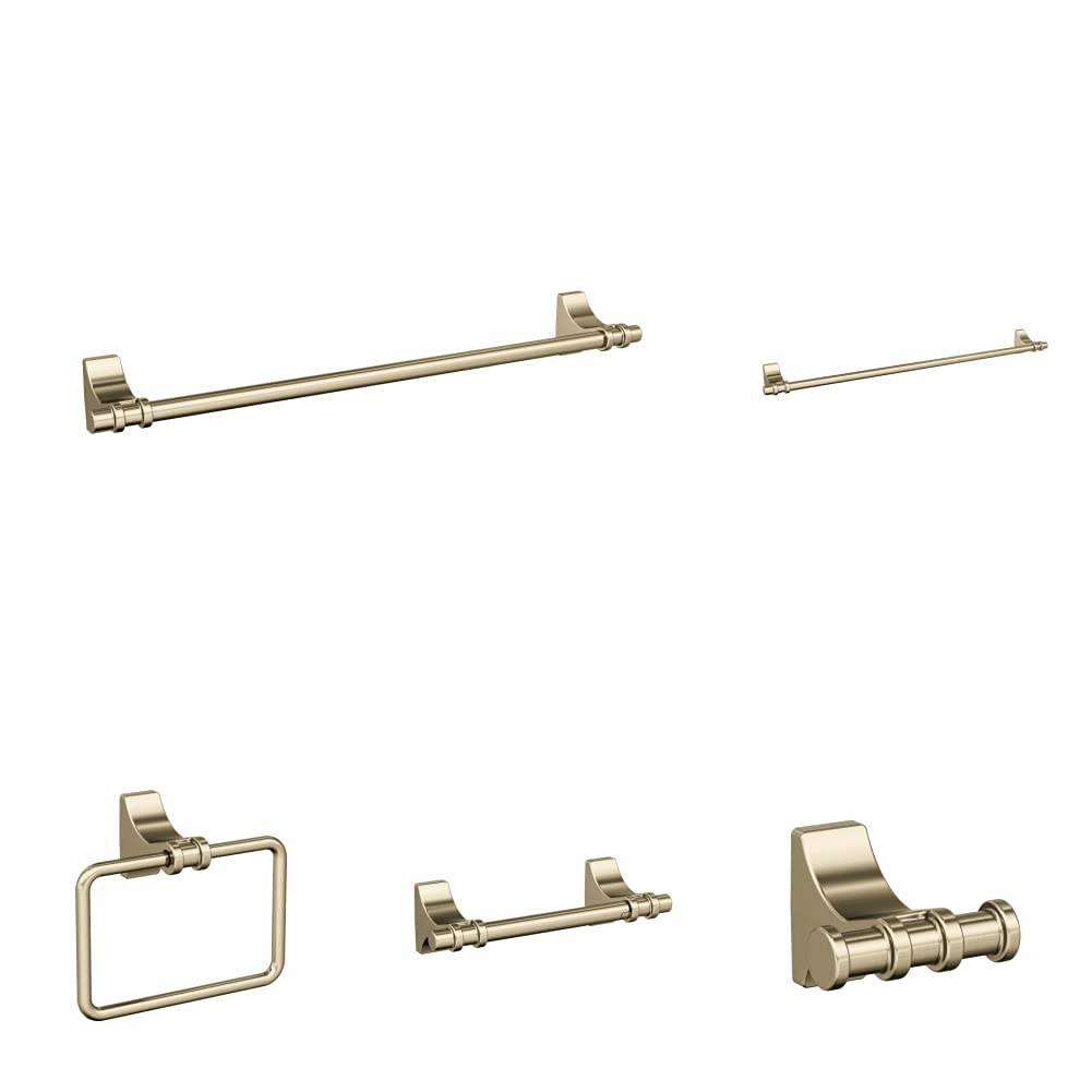 Amerock Golden Champagne Davenport 5-Piece Bathroom Accessories Set - Elegant Towel Bar, Robe Hook, Toilet Paper Holder & More for Modern Bathroom Decor