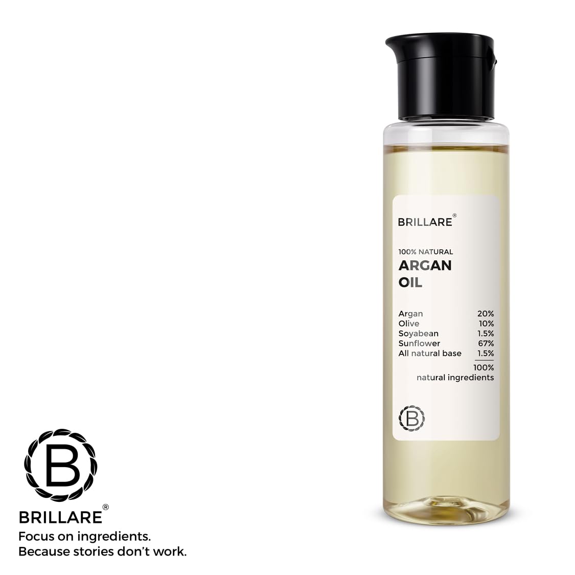 Brillare 100% Pure Argan Hair Oil with Olive & Sunflower Oils - Natural Treatment for Dry, Frizzy Hair - 100ml Bottle - Perfect for Daily Hydration, Split Ends Repair & Hair Shine Enhancement