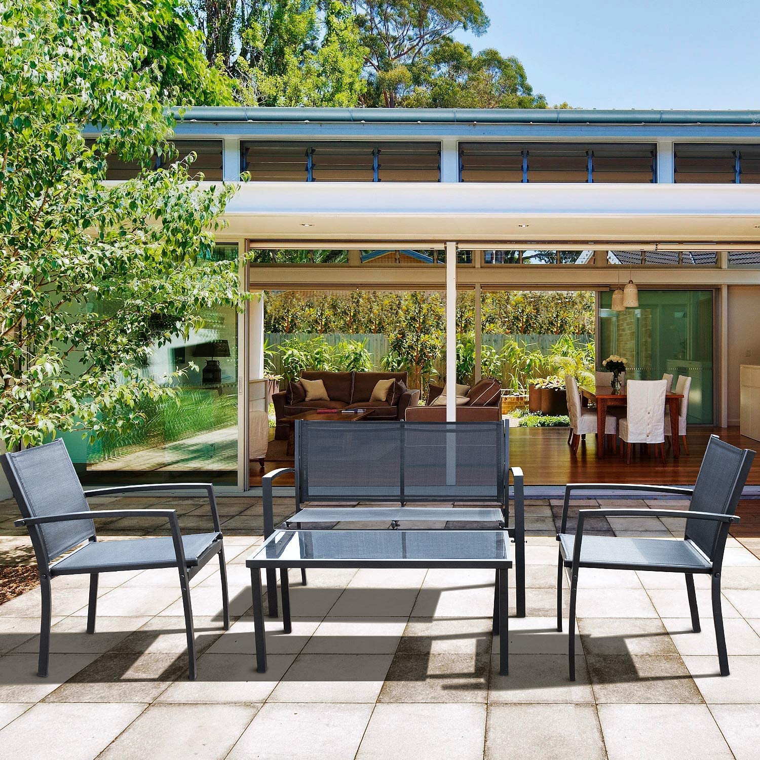 4-Piece Modern Black Outdoor Patio Furniture Set with Weather-Resistant Cushions - Durable Steel Frame for Garden, Deck & Balcony Seating - Perfect for Backyard Relaxation & Outdoor Entertaining | SKU: S3068