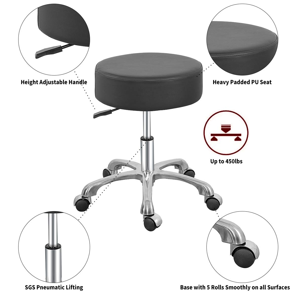 Swivel Rolling Stool with Thick Padding - Adjustable Round Chair with Wheels for Doctors, Medical Offices, Massage Salons & Workstations (Black) - Perfect for Healthcare, Beauty & Office Workspaces