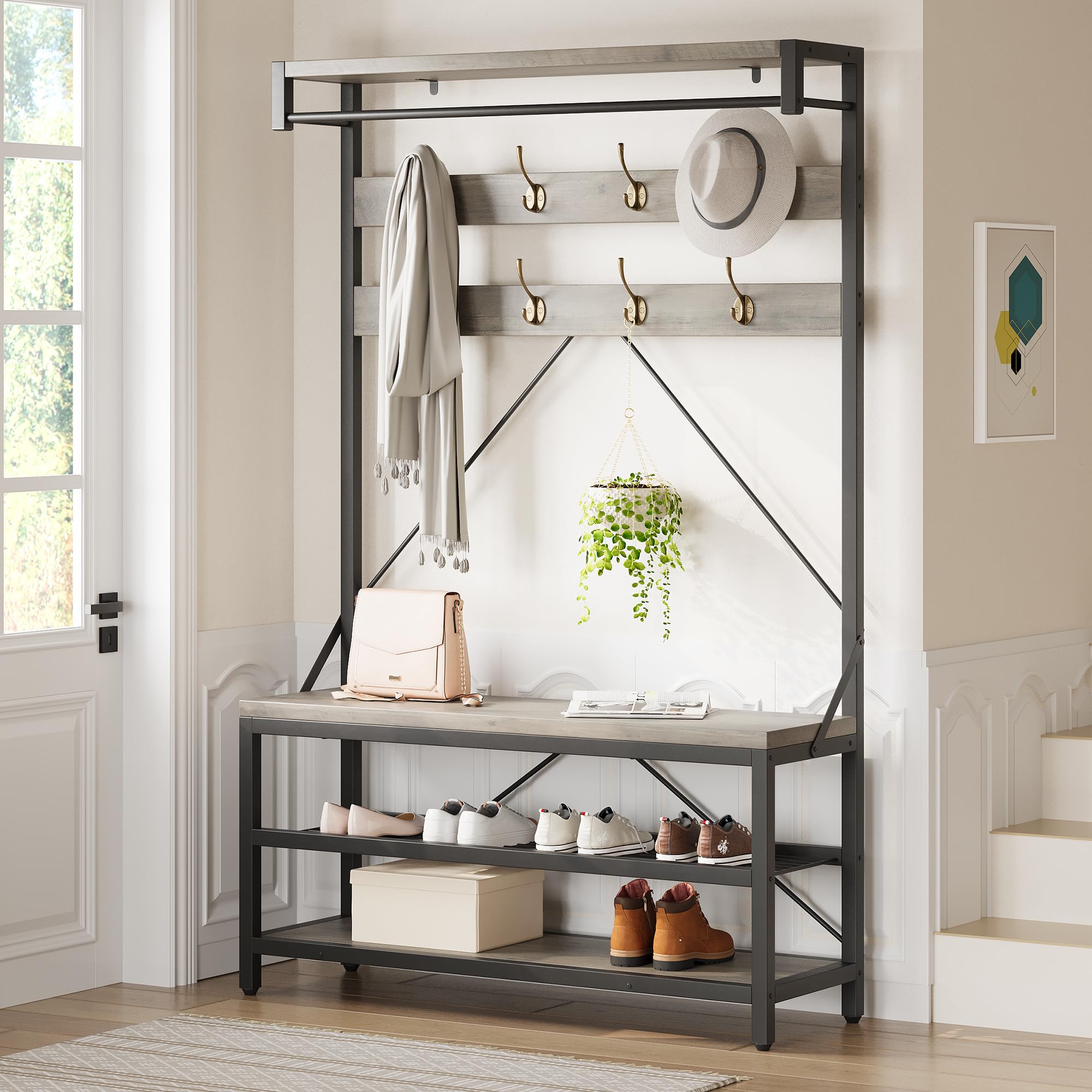 Industrial Coat Rack Shoe Bench with 8 Hooks & Storage Shelf - 39.9