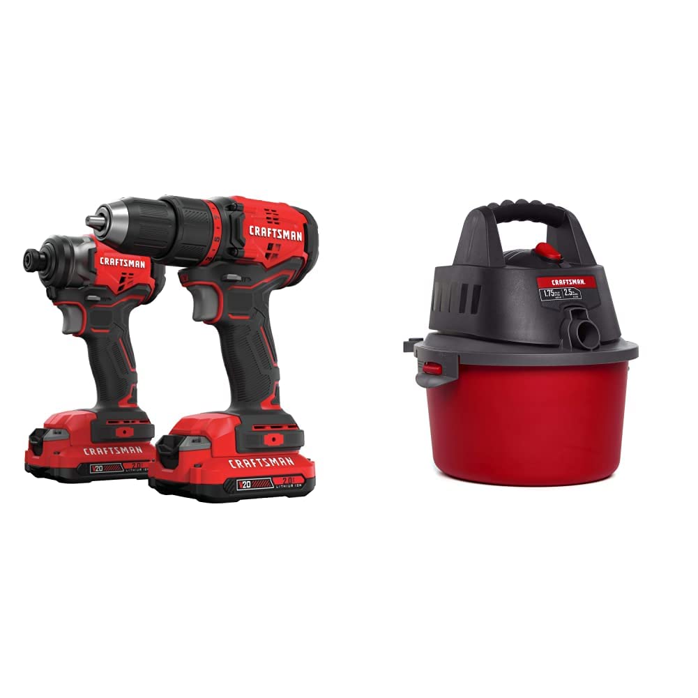 CRAFTSMAN V20 Cordless Drill Combo Kit with 2.5 Gallon Wet/Dry Vacuum - 2 Tool Set (Drill & Shop Vac) with Attachments - Portable Power Tools for Home Improvement & DIY Projects - Perfect for Woodworking, Garage Cleaning & Workshop Use (CMCK210C2 & CMXEVBE17250)