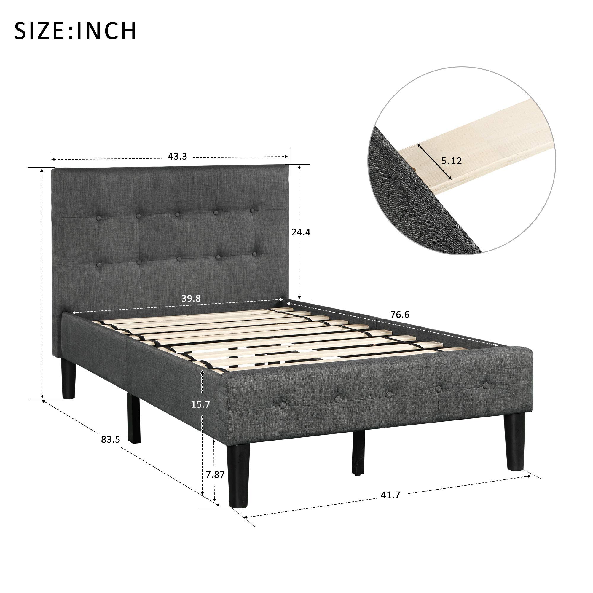 **Upholstered Wood Platform Bed Frame with Tufted Headboard - Twin Size, Wood Slat Support, No Box Spring Needed, Gray - Perfect for Modern Bedrooms & Guest Rooms**
