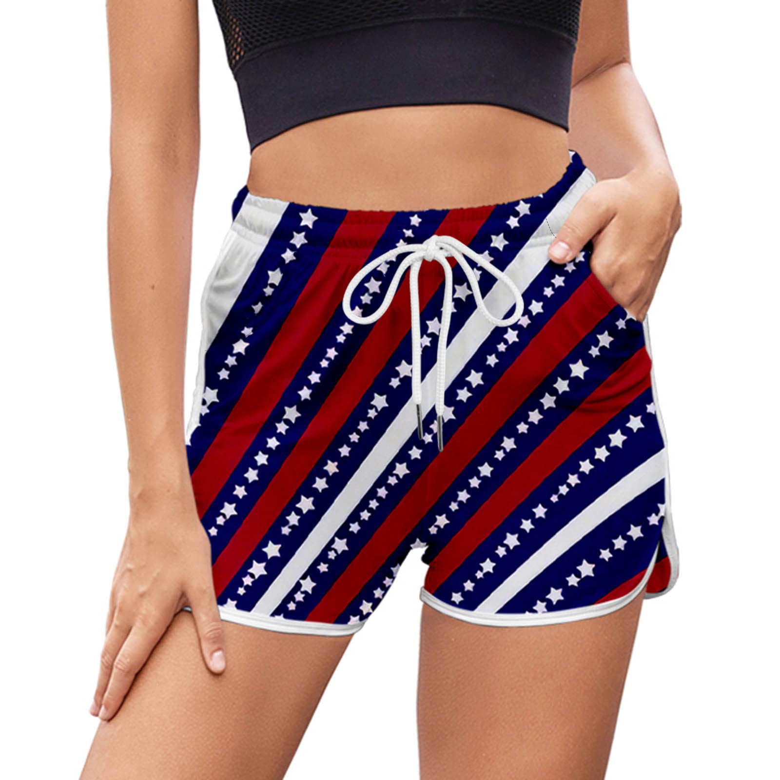 AMTF 2022 Women's 4th of July Swim Shorts with Pockets - Quick Dry Swim Trunks, Fashion Print Beach Board Shorts for Swimming, Surfing & Summer Vacations