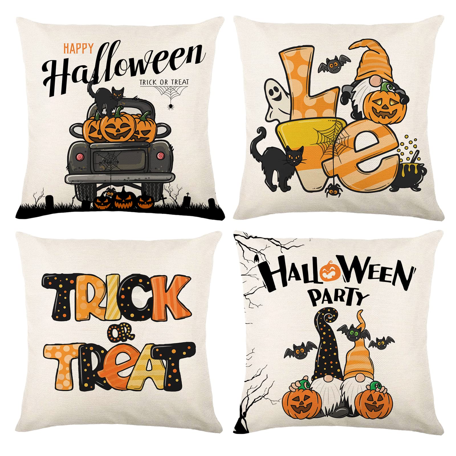 Halloween Pillow Covers 18x18 Inches Set of 4 - Spooky Couch Cushion Covers for Sofa Decor, Trick or Treat Party Supplies - Perfect for Halloween Home Decor, Living Room & Seasonal Festive Parties