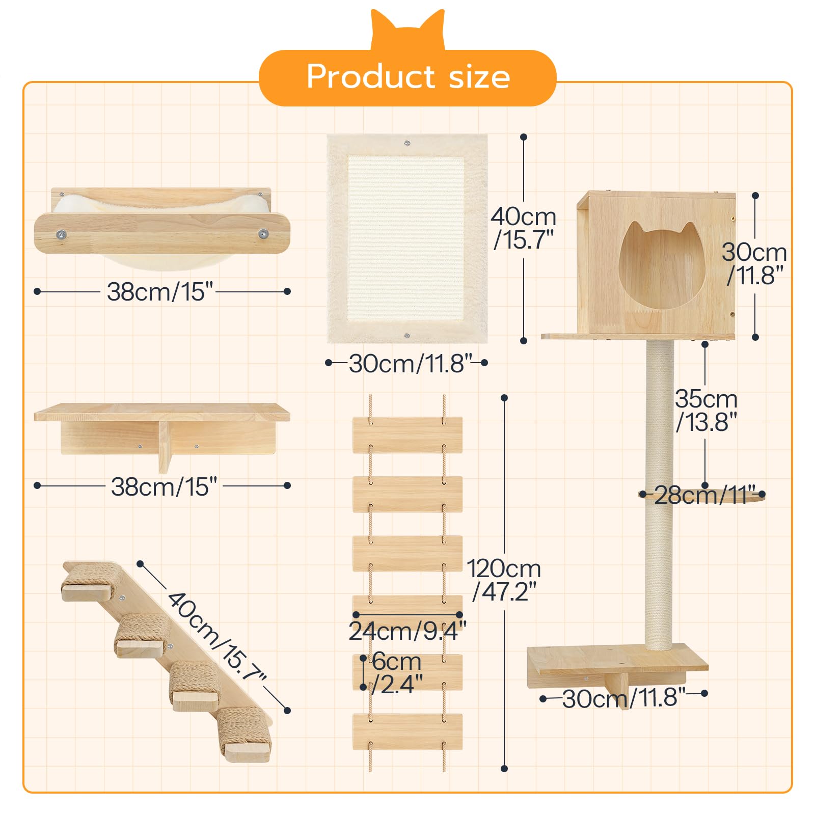 HOOBRO 5-Piece Wooden Cat Wall Shelves Set - Cat Climbing Furniture, Corridor, House, Plush Hammock & Scratching Board - Durable Natural Wood for Indoor Cat Play (Model NL45CS03) | Perfect for Small Spaces, Cat Exercise & Wall Decor