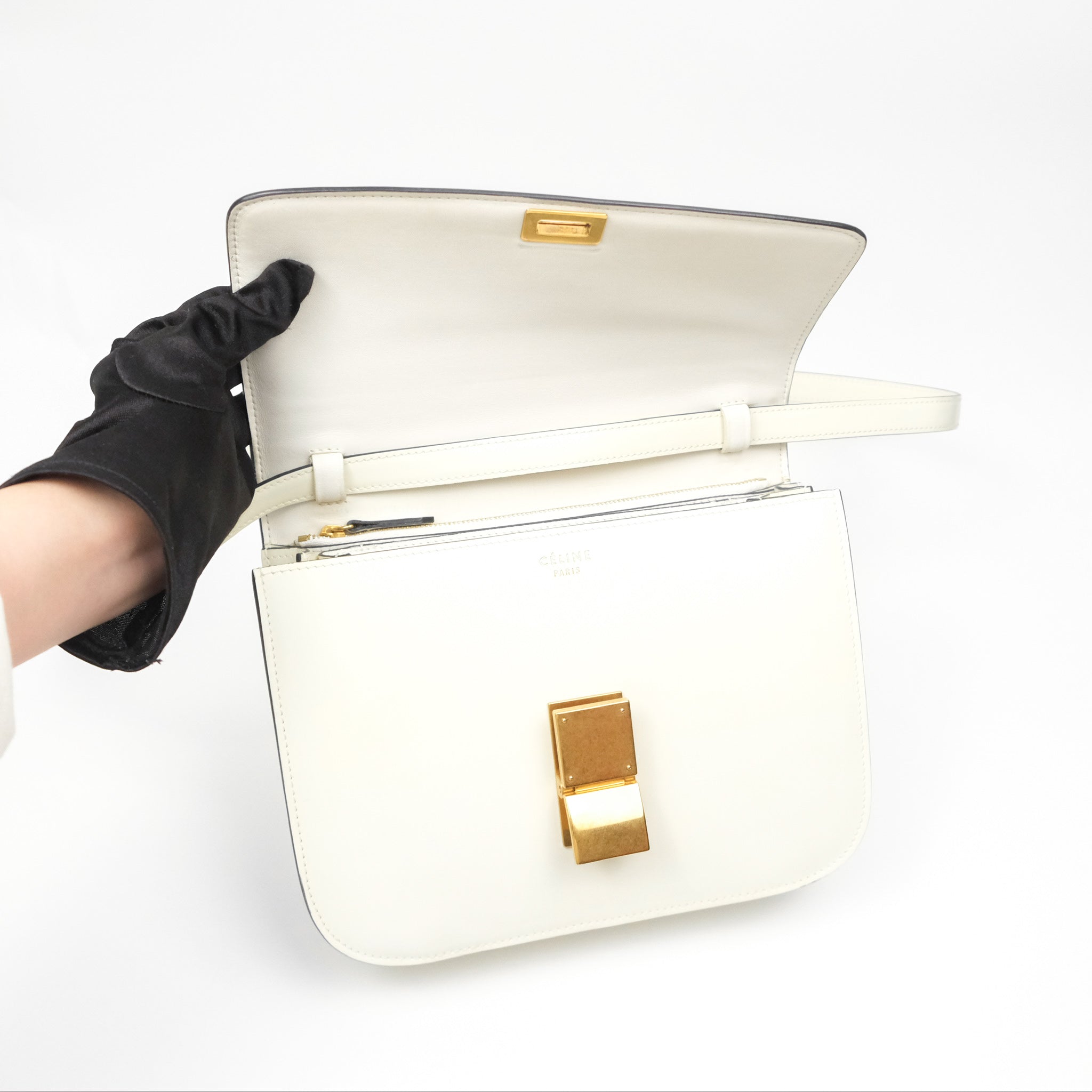 Celine Medium Classic Box Bag in White Patent Leather with Gold Hardware - Elegant Crossbody Purse for Women, Perfect for Work, Travel & Evening Events