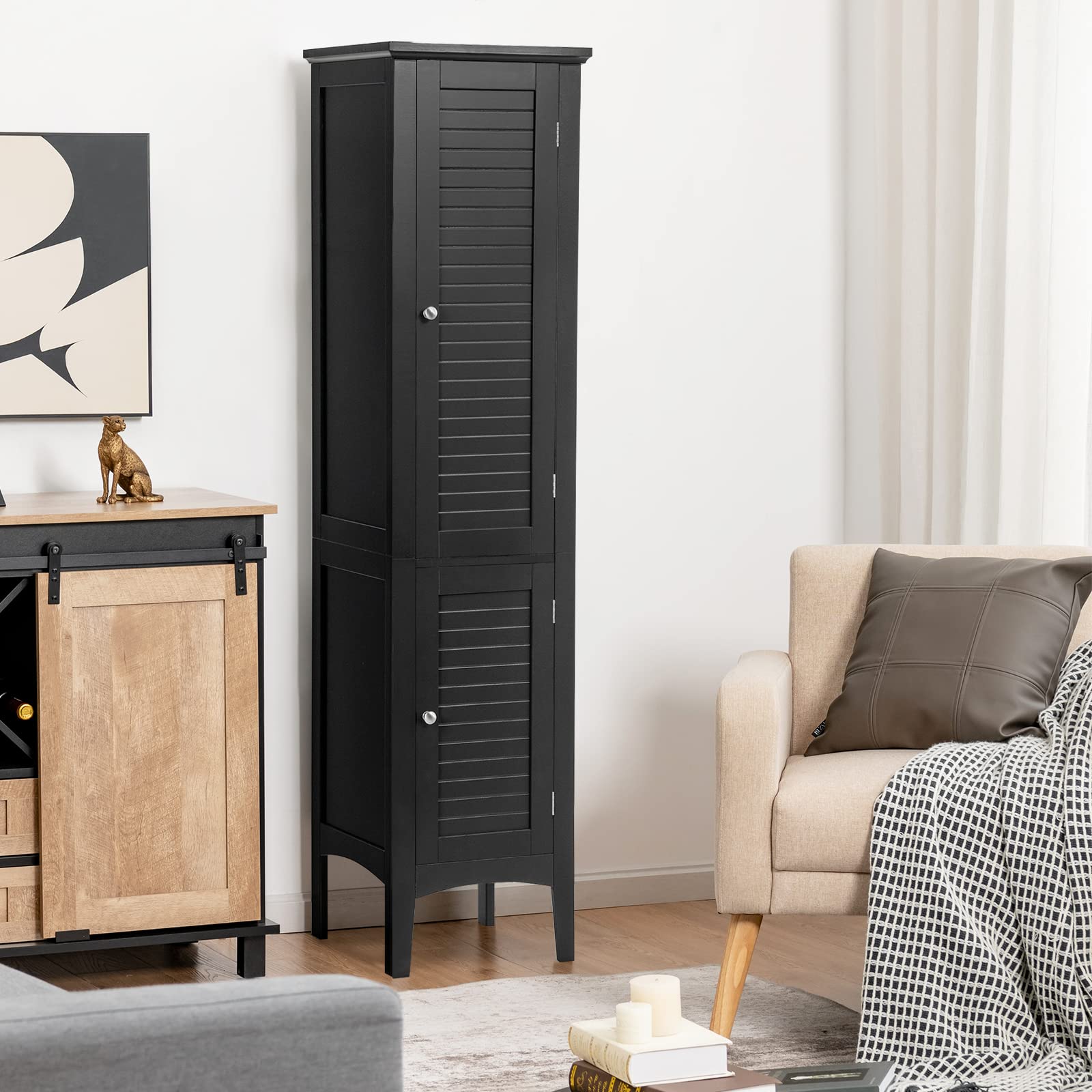 Giantex 5-Tier Storage Cabinet - Freestanding Tall Bathroom & Kitchen Organizer with Shelves, Slim Linen Tower for Bathroom, Kitchen, Living Room - Space-Saving Narrow Floor Cabinet (Black) | Perfect for Small Spaces, Apartment Storage & Home Organization