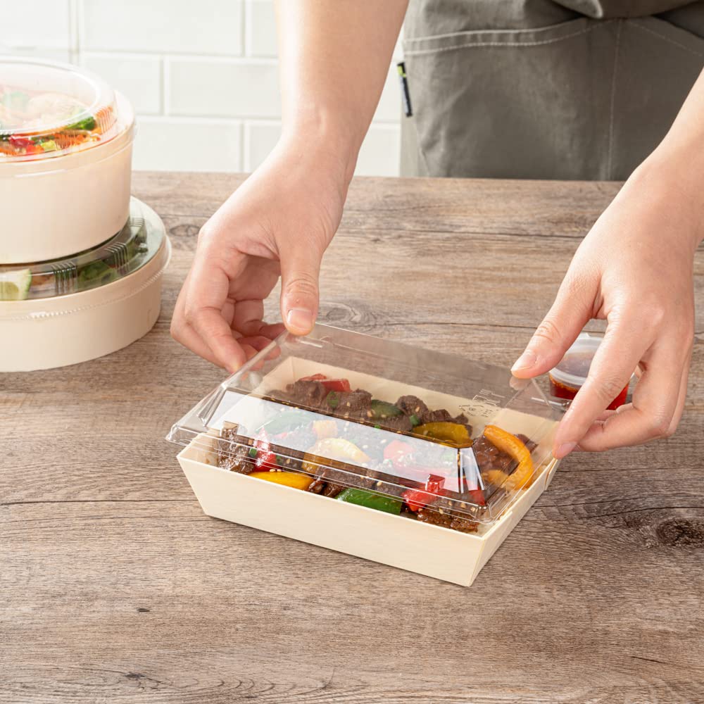 Restaurantware 100-Pack Clear Plastic Rectangle Lids 6.8 x 5.3 x 1.4 Inch - Fits 20oz Wooden Takeout Containers (Containers Sold Separately) | Perfect for Food Delivery, Catering & Meal Prep