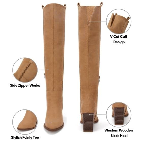 Ermonn Women's Faux Suede Knee High Boots with Side Zipper & Chunky Heel - Stretch Winter Boots for Cold Weather, Snow, and Outdoor Activities