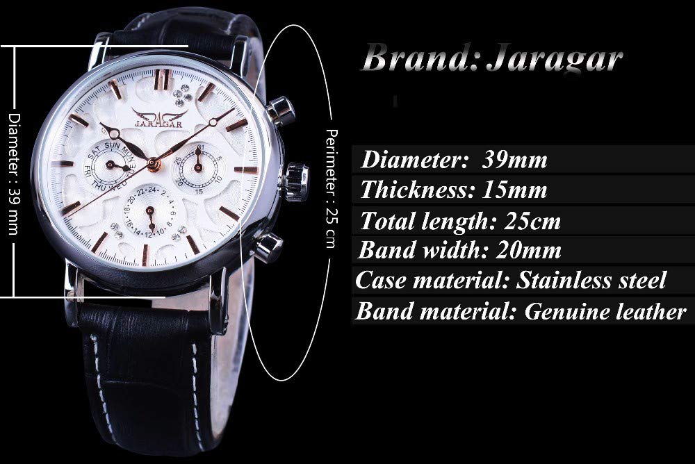 Premium Blue Hands White Dial Leather Strap Men's Automatic Mechanical Watch with 3 Subdials & Diamond Accents - Perfect for Business, Formal Events & Luxury Gift Giving
