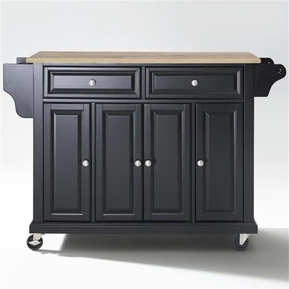 Crosley Wood Top Rolling Kitchen Island Cart - Full Size Microwave Stand with Spice Rack, Black | Perfect for Small Kitchen Storage & Food Prep Station