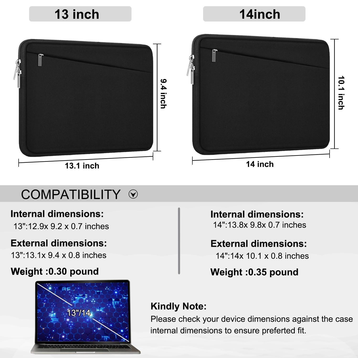 14 Inch Laptop Sleeve for MacBook Air/Pro - Durable Protective Case with Front Pocket | Slim Computer Carrying Bag & Briefcase | Perfect for Work, Travel & School (Black)