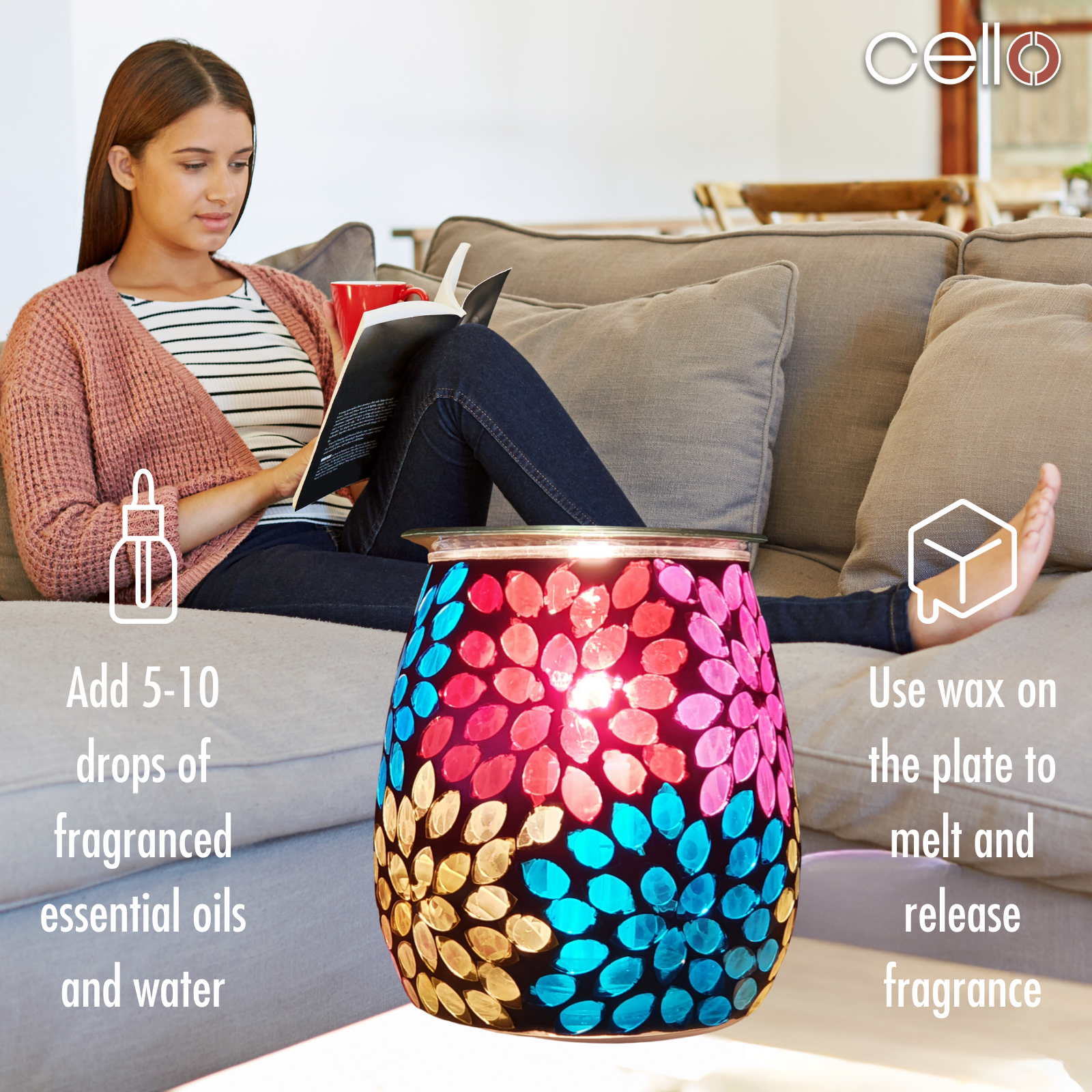 Cello Electric Wax Warmer with Mosaic Glass Design - Floral Pattern for Home Fragrance & Aromatherapy - Perfect for Living Room, Bedroom, and Office Use