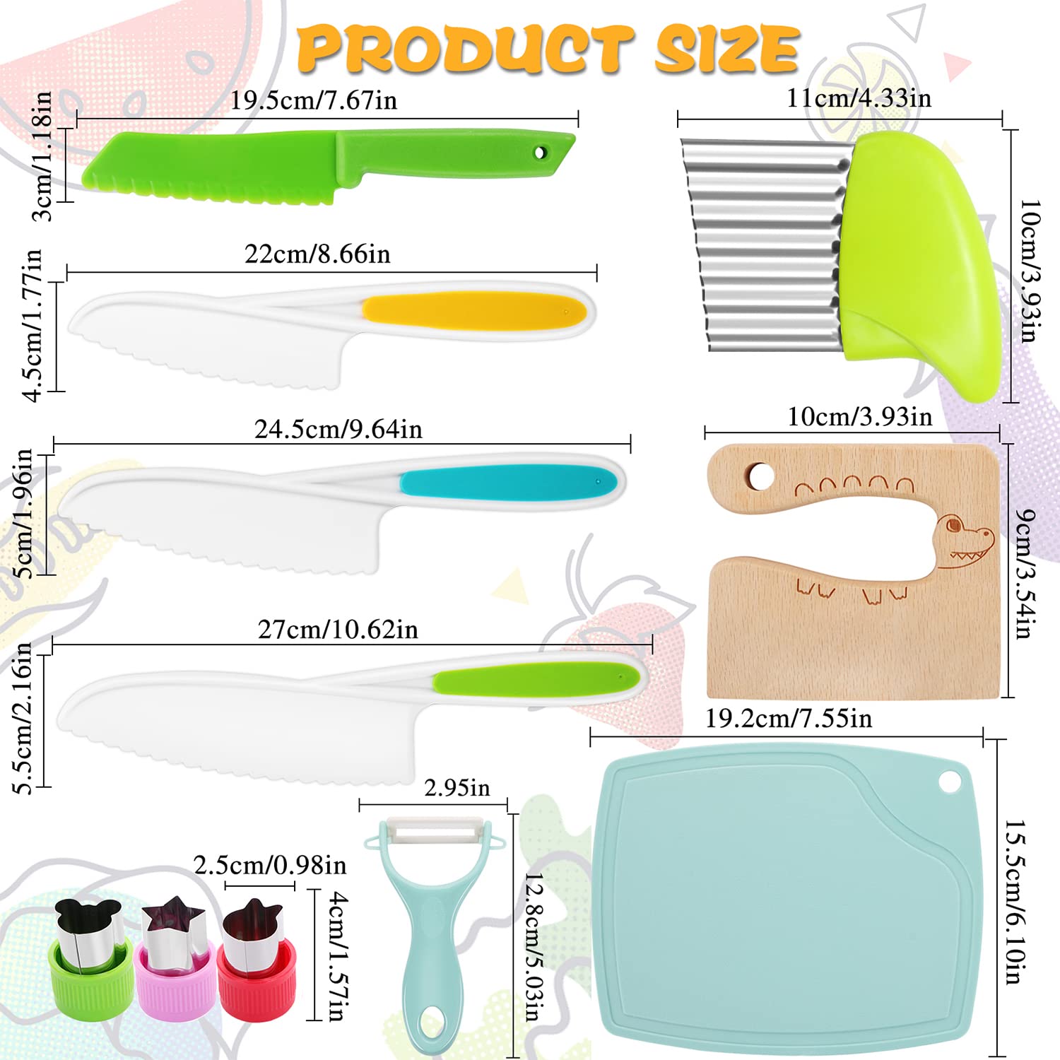 11PCS Kids Knife Set - Safe Toddler Cooking Knives with Serrated Edges & Cutting Board - Real Kitchen Tools for Children - Perfect for Slicing Fruits, Vegetables and Cooking Activities