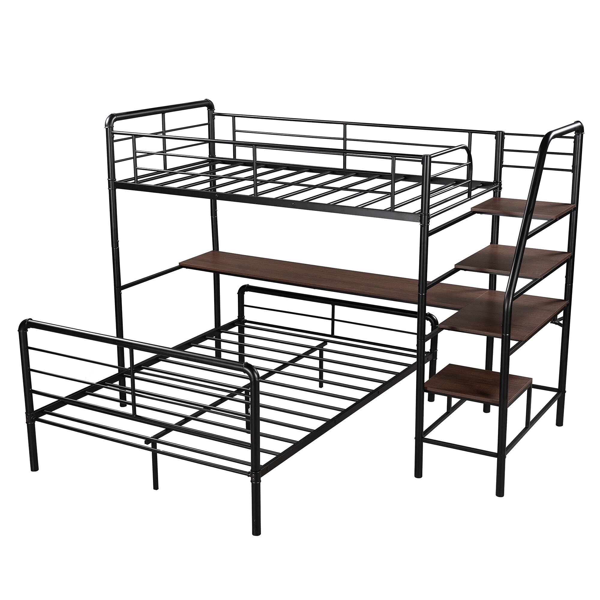 Twin Over Full Loft Bed Frame with Desk & Ladder - Sturdy Black Metal Bunk Bed for Teenagers - Space-Saving Bedroom Furniture for Small Rooms & Shared Kids' Rooms - Perfect for Dorms, Apartments & Multi-Child Families