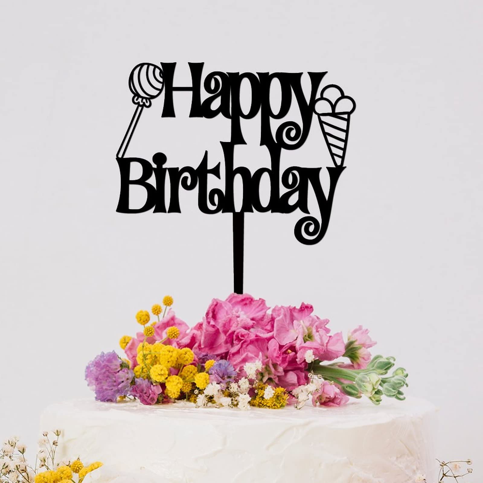 Black Acrylic Rabbit Deer Antlers Birthday Cake Topper - Happy Birthday Party Decorations for Kids, Women & Adults - Perfect for Birthday Cakes, Cupcakes & Dessert Tables - Unique Personalized Gift Idea